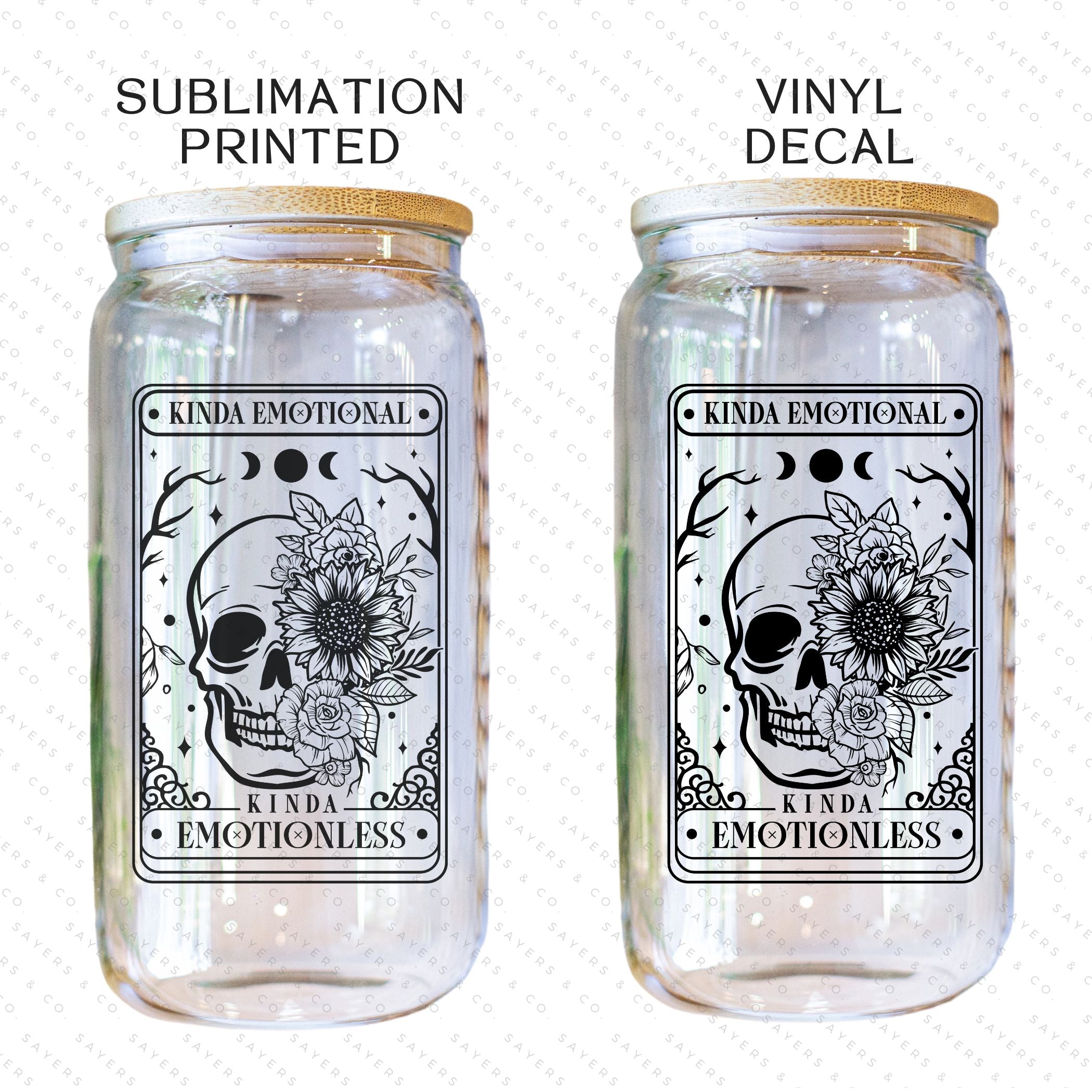 16oz Tarot Card Emotionless Glass Cup with bamboo lid and straw, featuring a mystical design perfect for beverages.