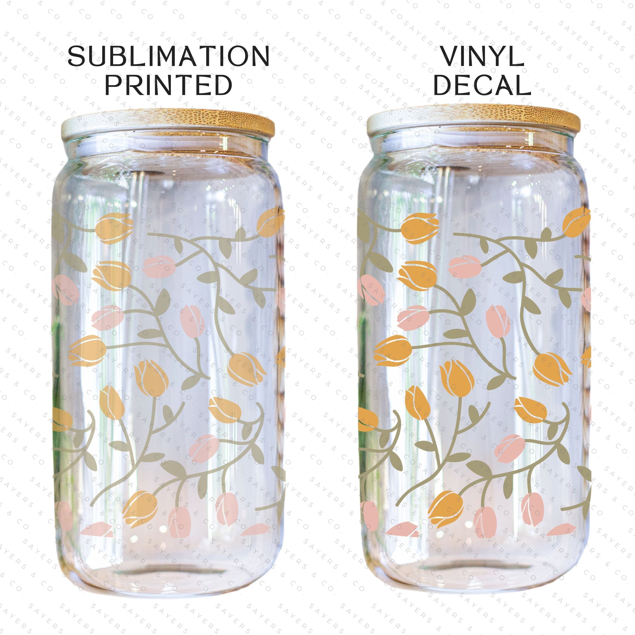 16oz Tulip Entanglement Glass Cup with bamboo lid and straw, featuring a floral design, perfect for beverages.