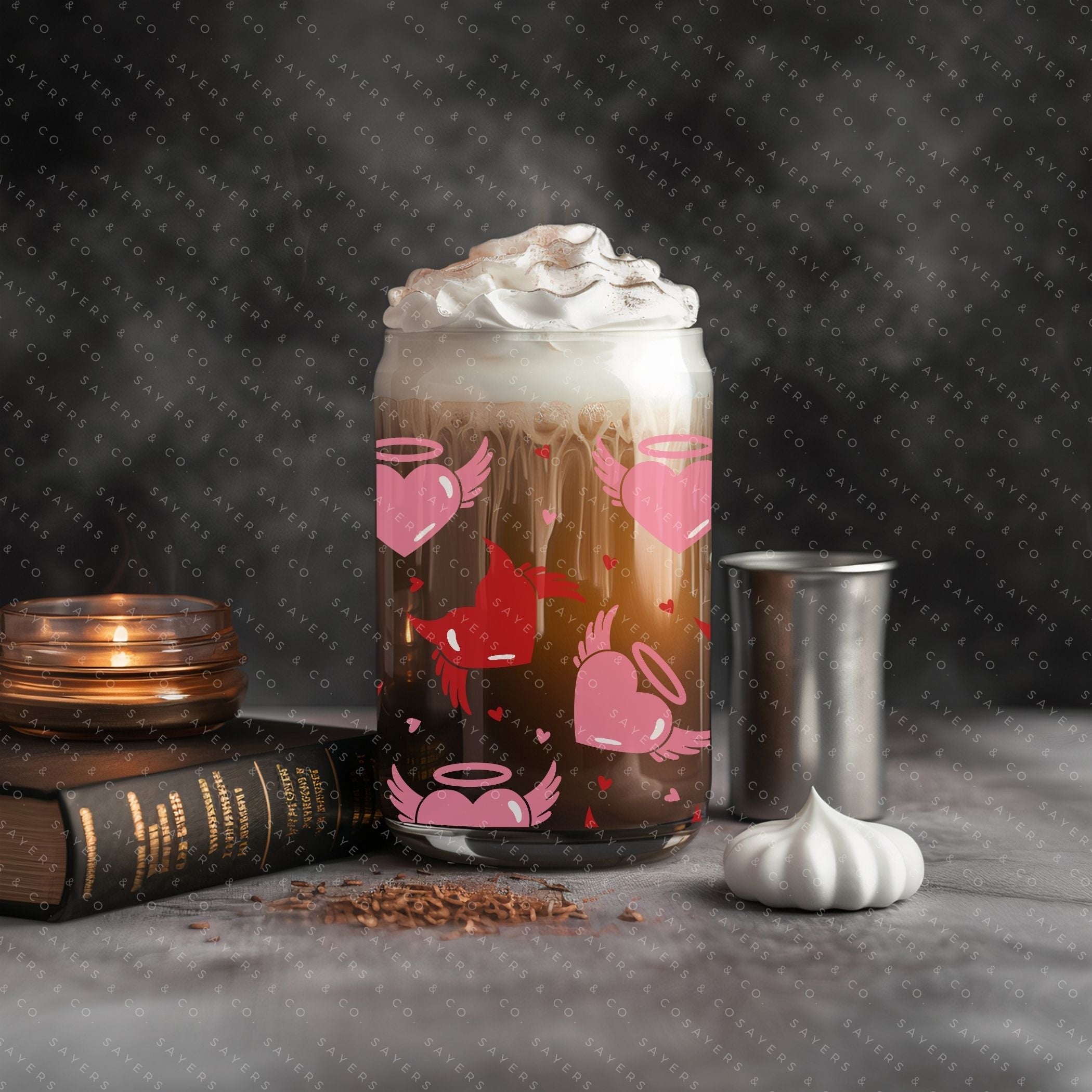 16oz Valentine's Day glass cup featuring angel and devil hearts design, with bamboo lid and clear straw, perfect for beverages.