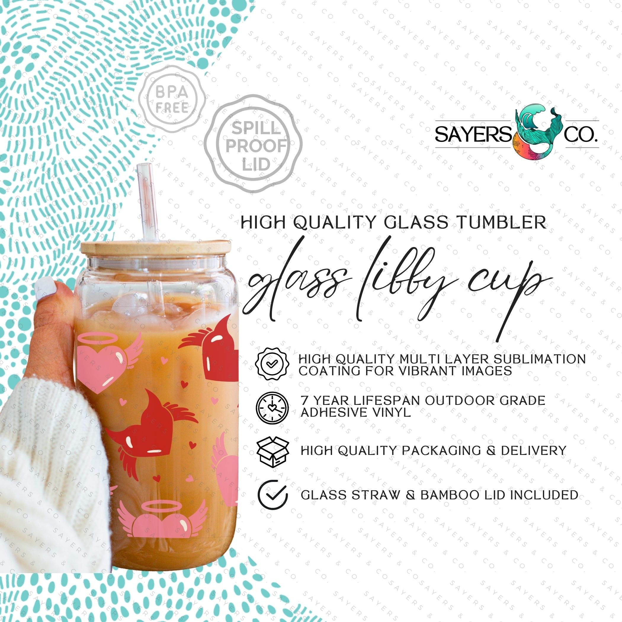 16oz Valentine's Day glass cup featuring angel and devil hearts design, with bamboo lid and clear straw, perfect for beverages.
