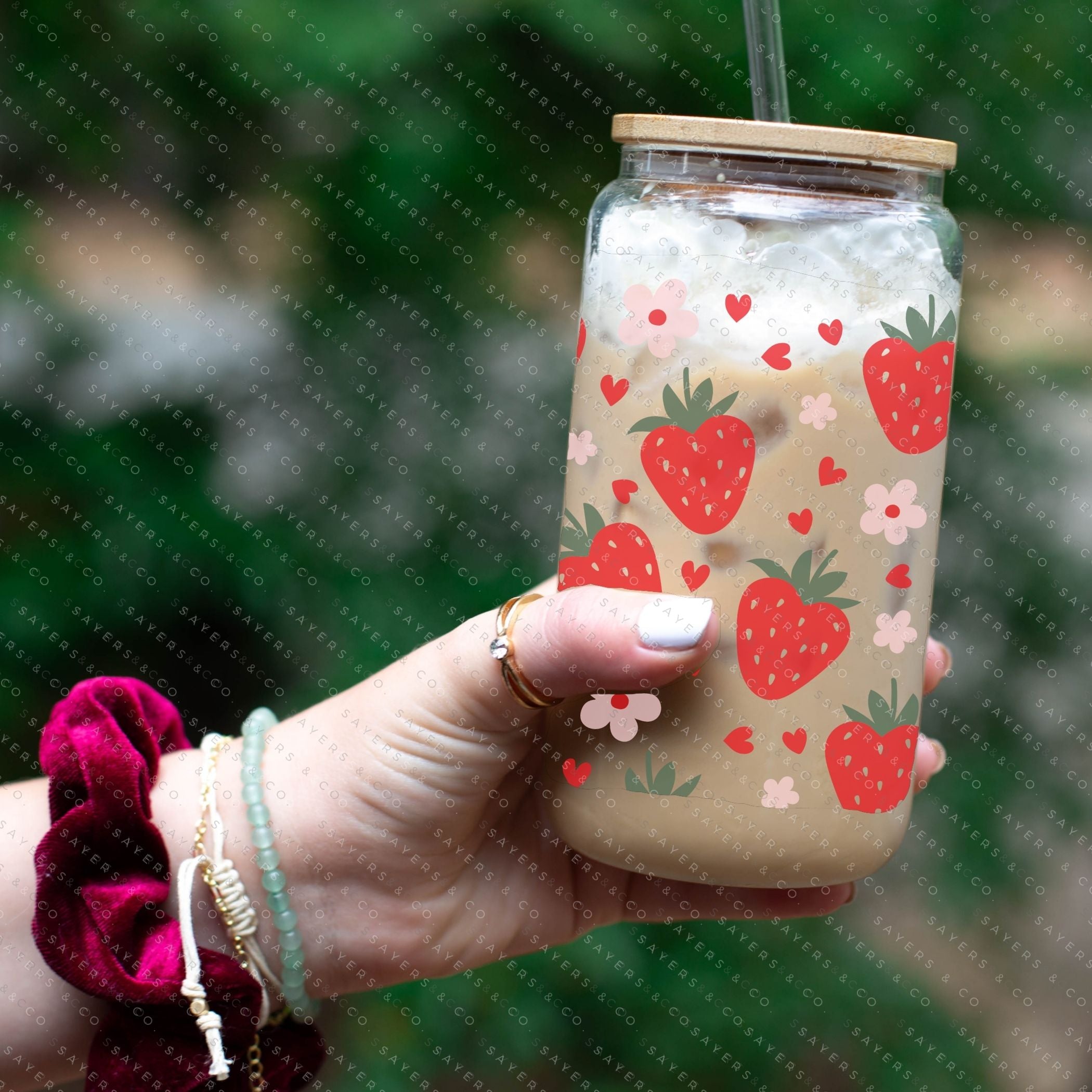 16oz Valentine's Day Berry Hearts Glass Cup with bamboo lid and straw, featuring a playful berry hearts design, perfect for drinks.