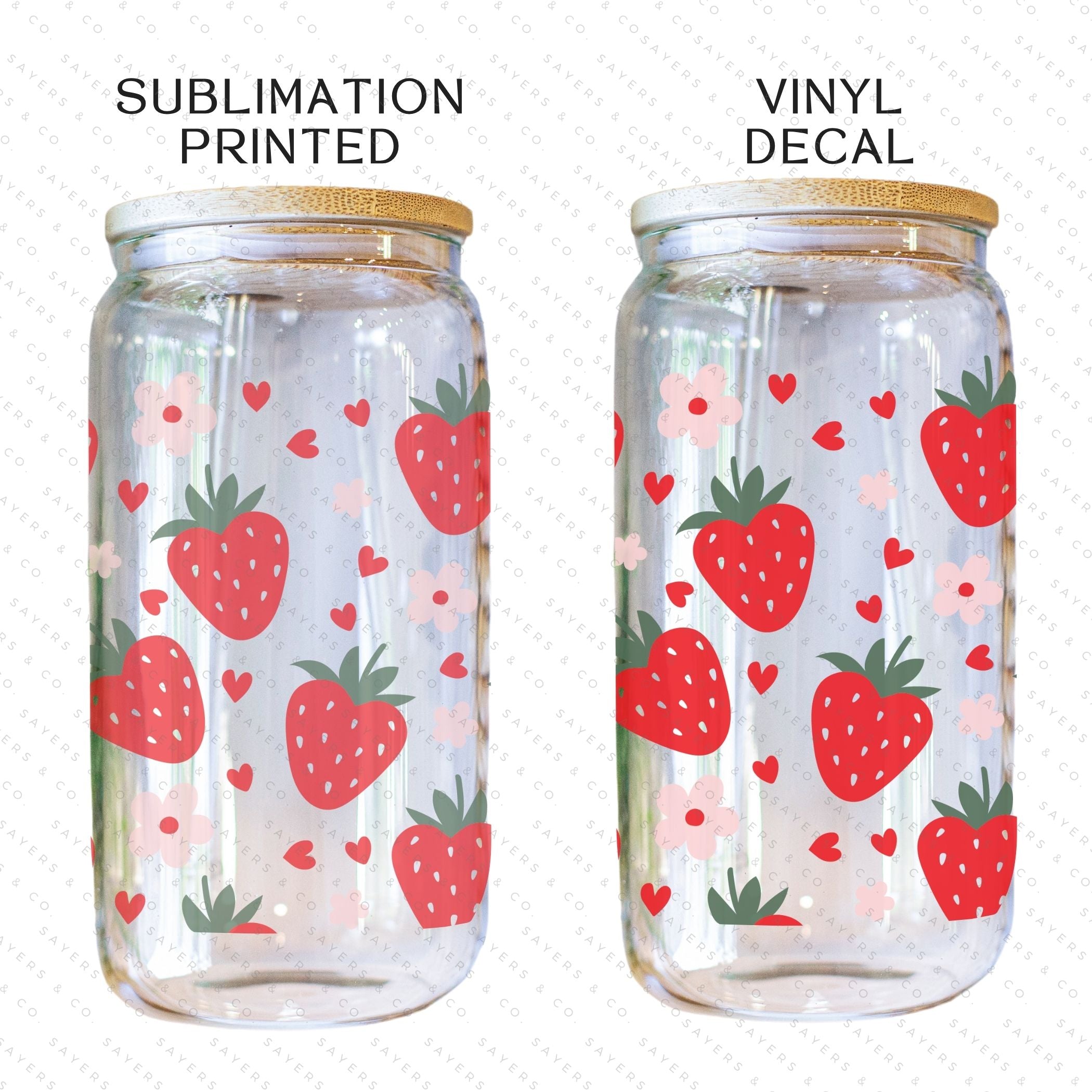 16oz Valentine's Day Berry Hearts Glass Cup with bamboo lid and straw, featuring a playful berry hearts design, perfect for drinks.