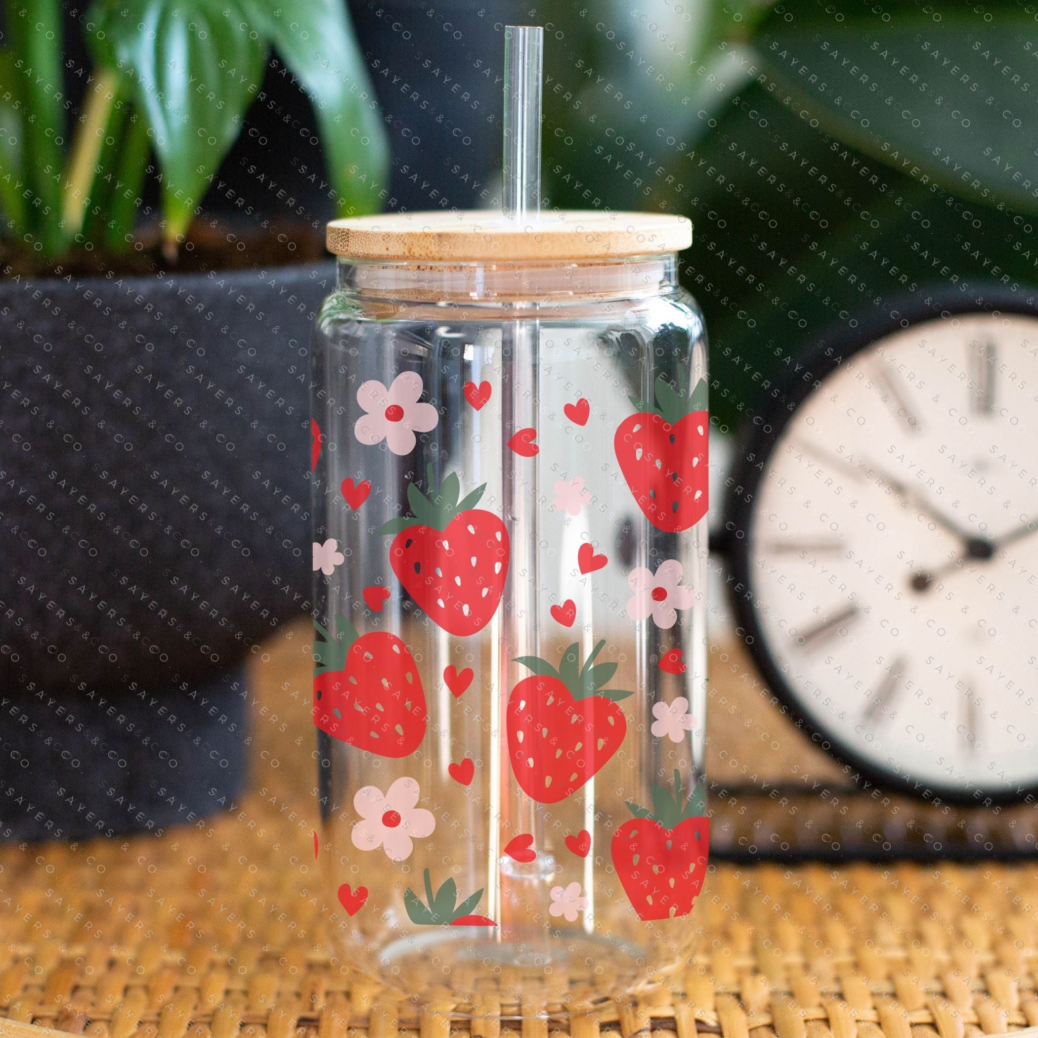 16oz Valentine's Day Berry Hearts Glass Cup with bamboo lid and straw, featuring a playful berry hearts design, perfect for drinks.