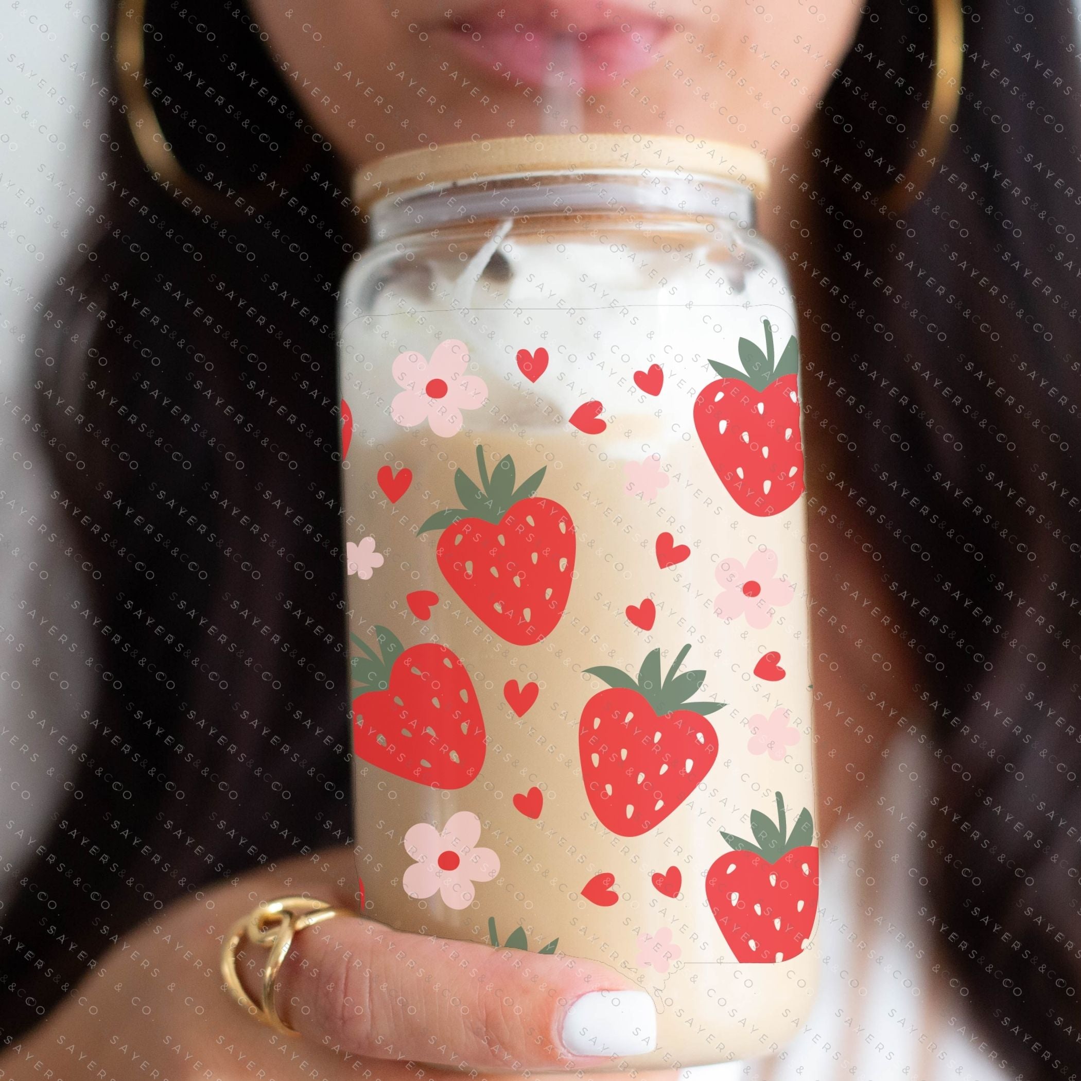 16oz Valentine's Day Berry Hearts Glass Cup with bamboo lid and straw, featuring a playful berry hearts design, perfect for drinks.