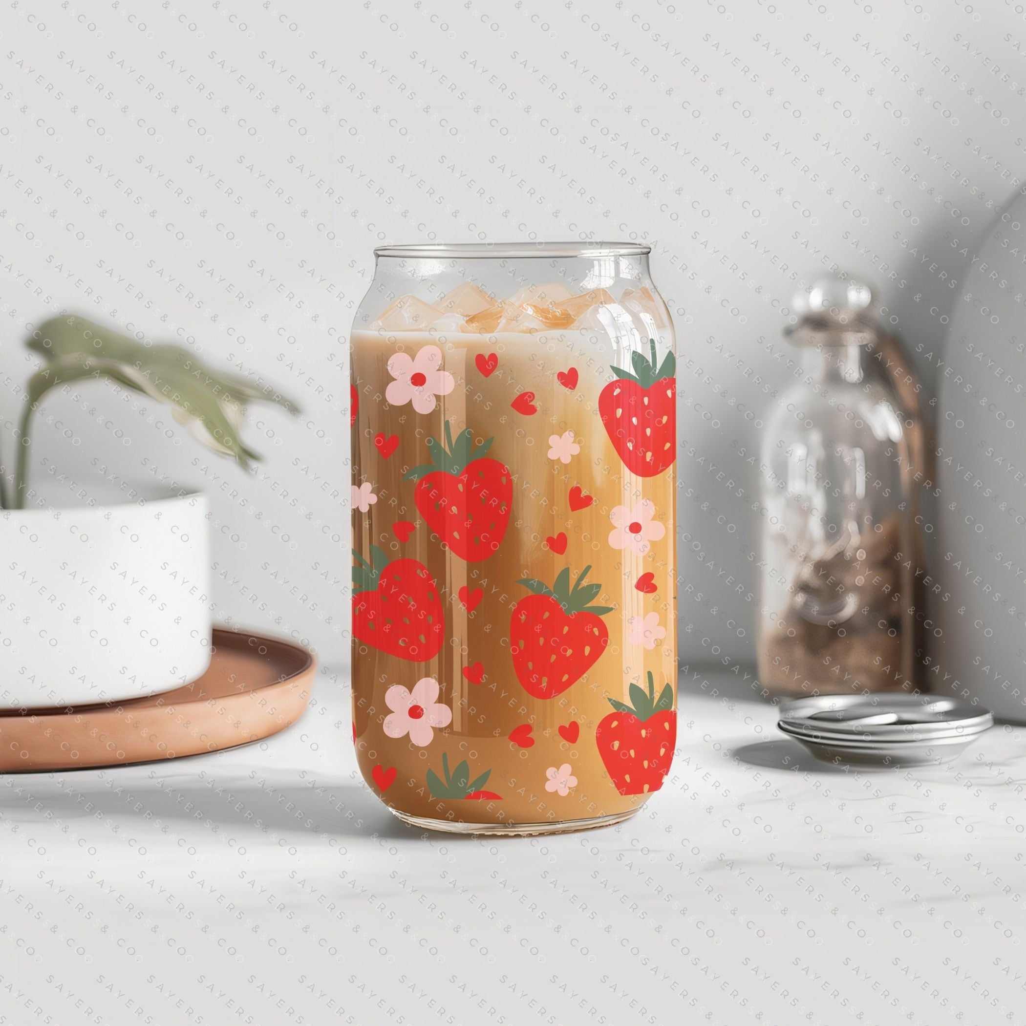 16oz Valentine's Day Berry Hearts Glass Cup with bamboo lid and straw, featuring a playful berry hearts design, perfect for drinks.