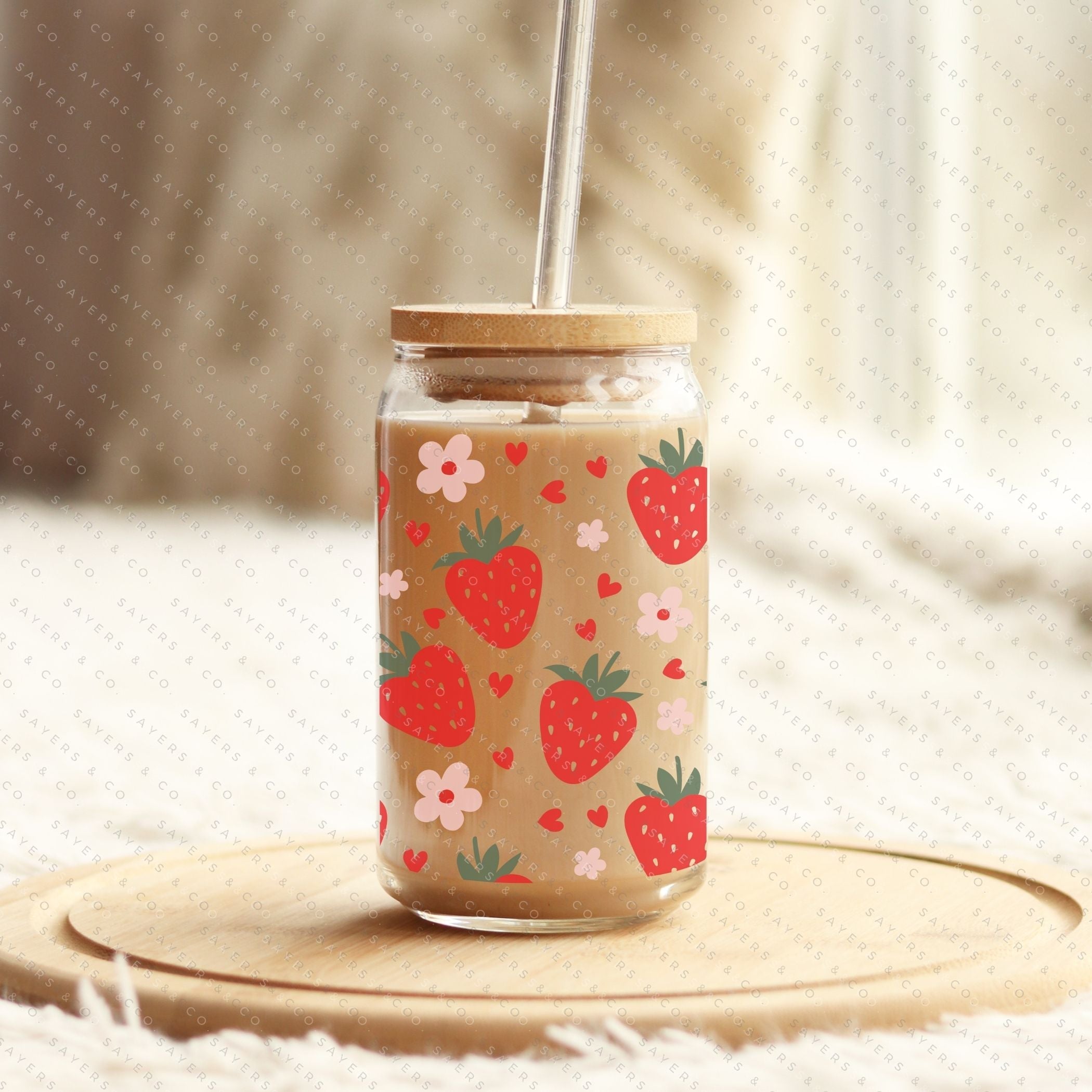 16oz Valentine's Day Berry Hearts Glass Cup with bamboo lid and straw, featuring a playful berry hearts design, perfect for drinks.