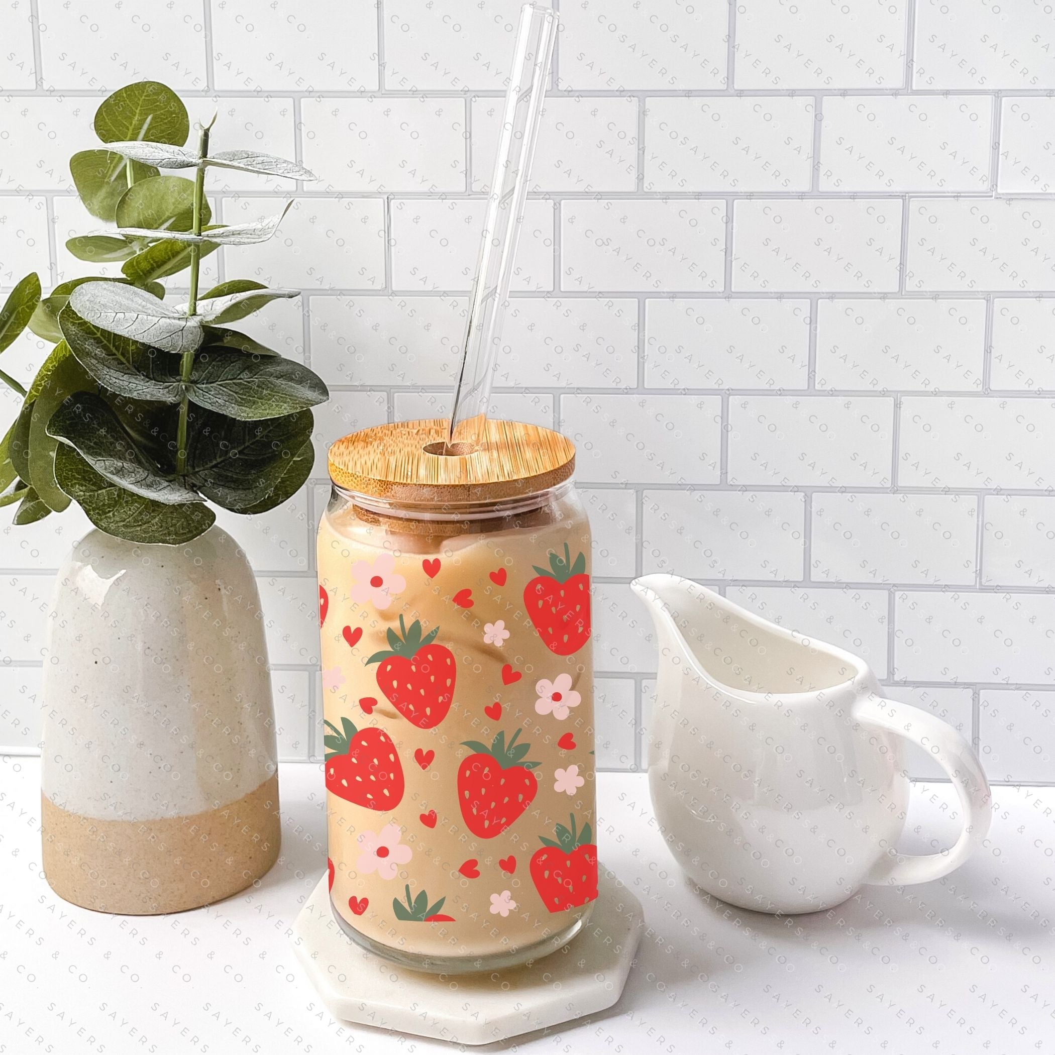 16oz Valentine's Day Berry Hearts Glass Cup with bamboo lid and straw, featuring a playful berry hearts design, perfect for drinks.