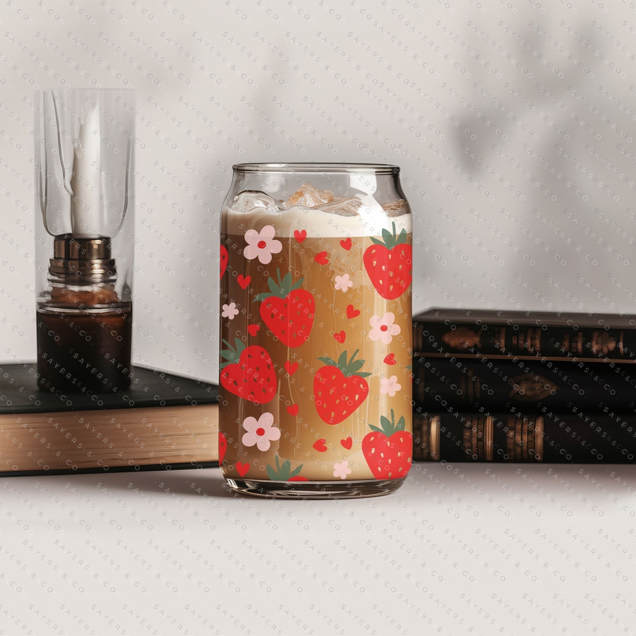 16oz Valentine's Day Berry Hearts Glass Cup with bamboo lid and straw, featuring a playful berry hearts design, perfect for drinks.