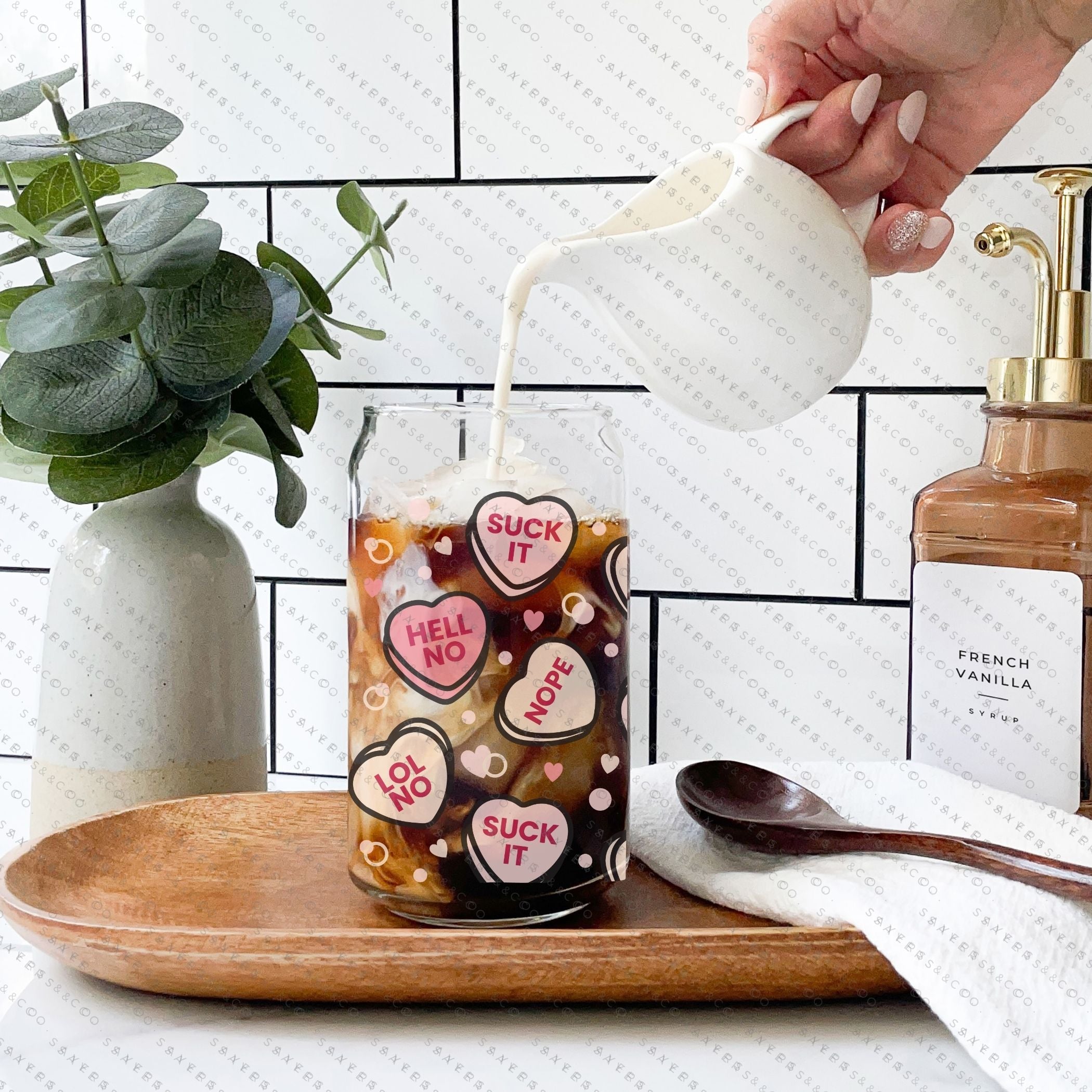 16oz Valentine's Day Candy Hearts Glass Cup with bamboo lid and straw, featuring a colorful heart design, perfect for drinks.