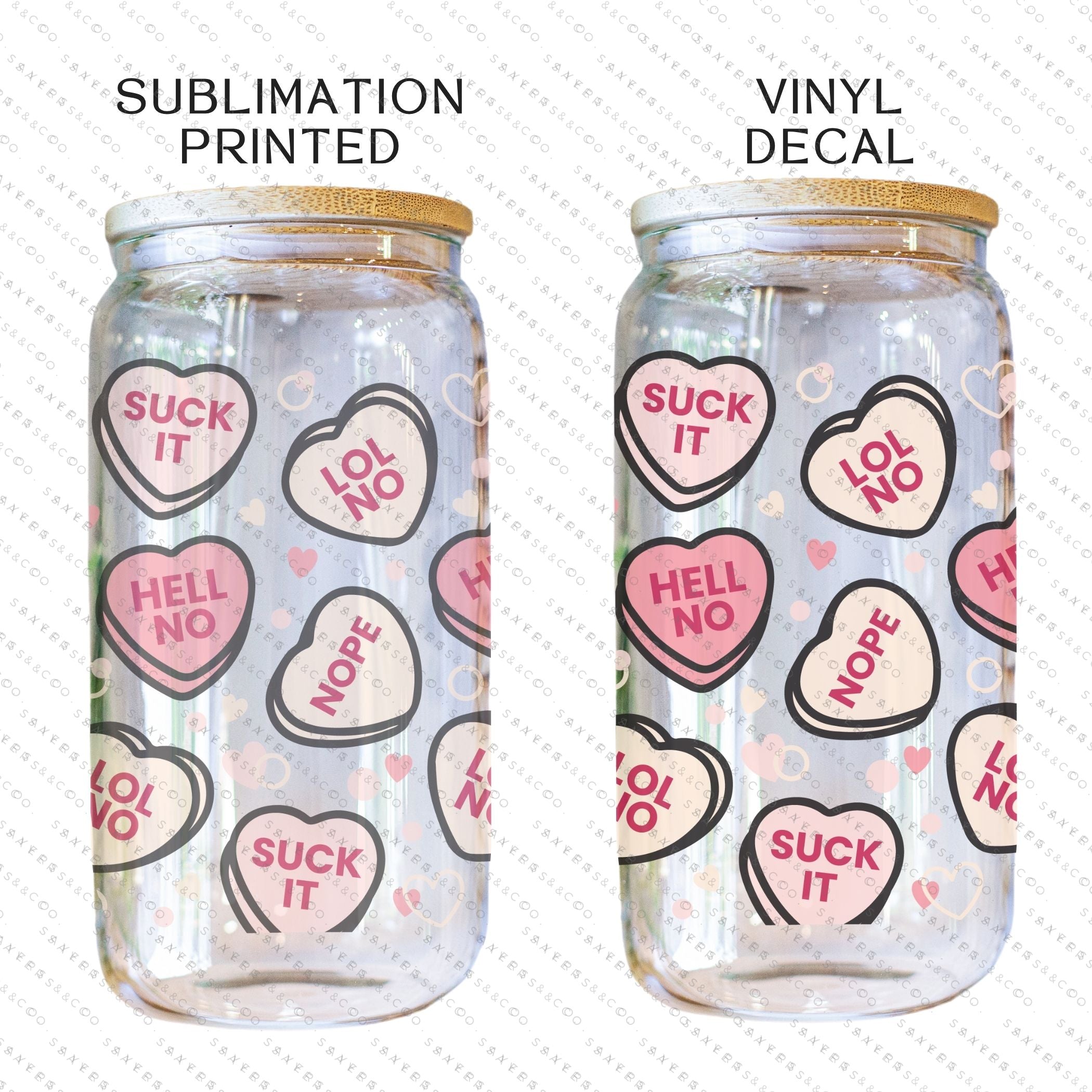 16oz Valentine's Day Candy Hearts Glass Cup with bamboo lid and straw, featuring a colorful heart design, perfect for drinks.