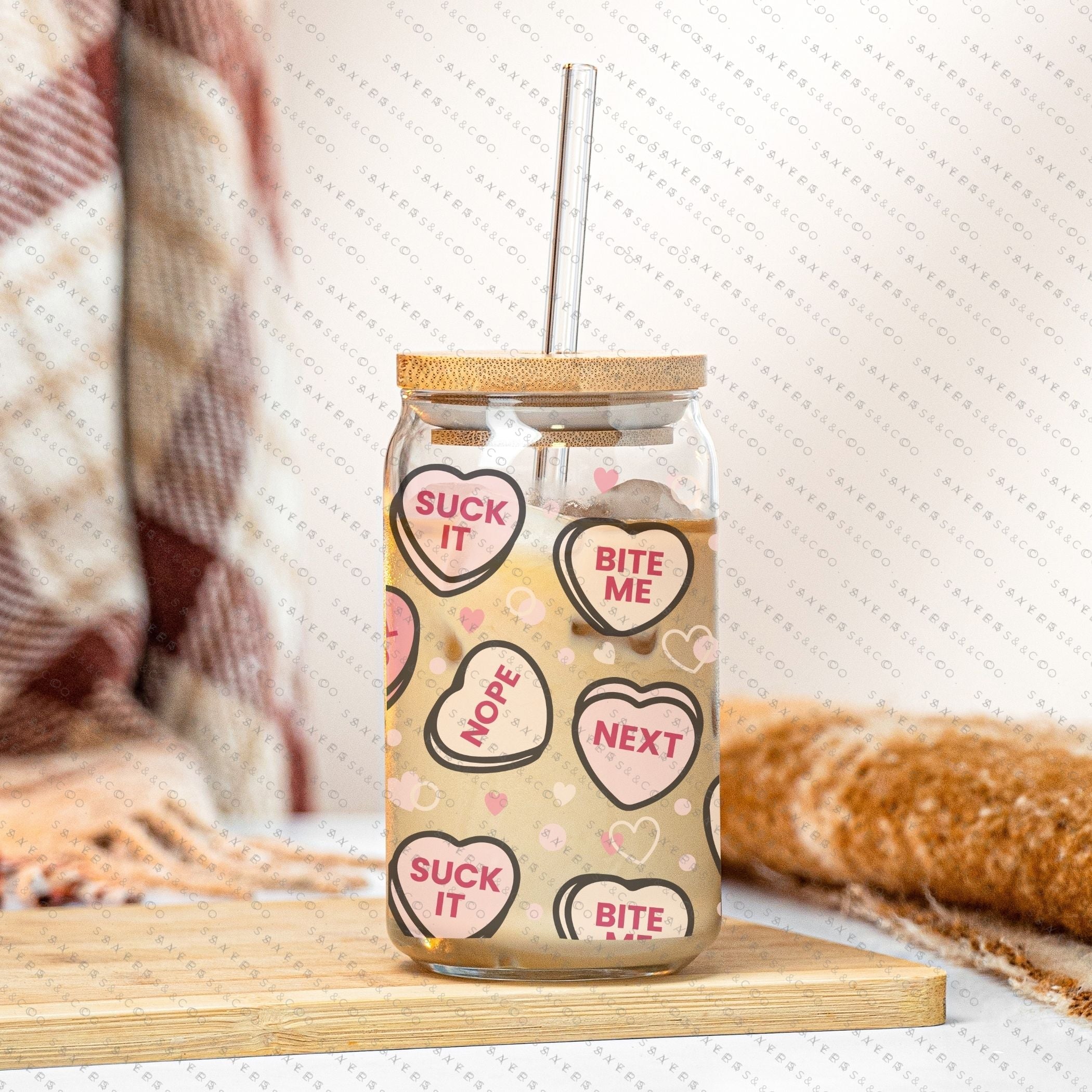16oz Valentine's Day Candy Hearts Glass Cup with bamboo lid and straw, featuring a colorful heart design, perfect for drinks.