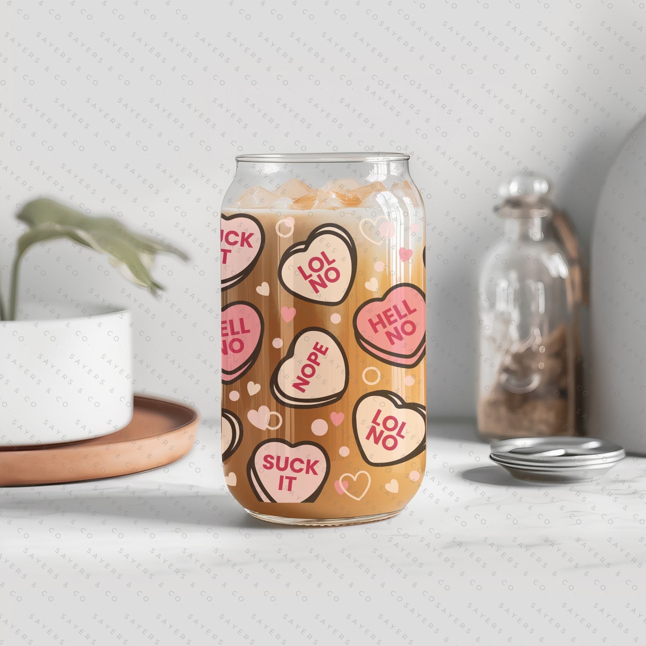 16oz Valentine's Day Candy Hearts Glass Cup with bamboo lid and straw, featuring a colorful heart design, perfect for drinks.