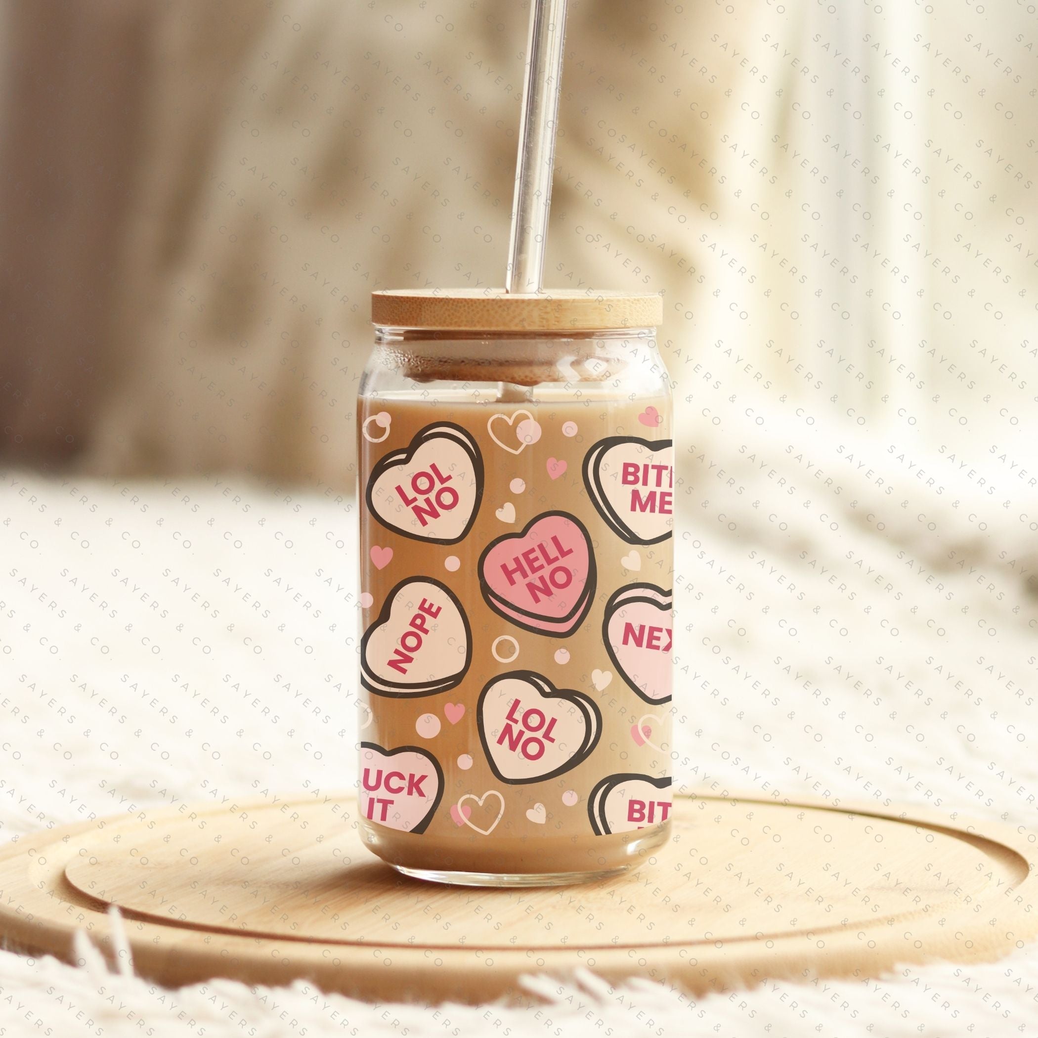 16oz Valentine's Day Candy Hearts Glass Cup with bamboo lid and straw, featuring a colorful heart design, perfect for drinks.