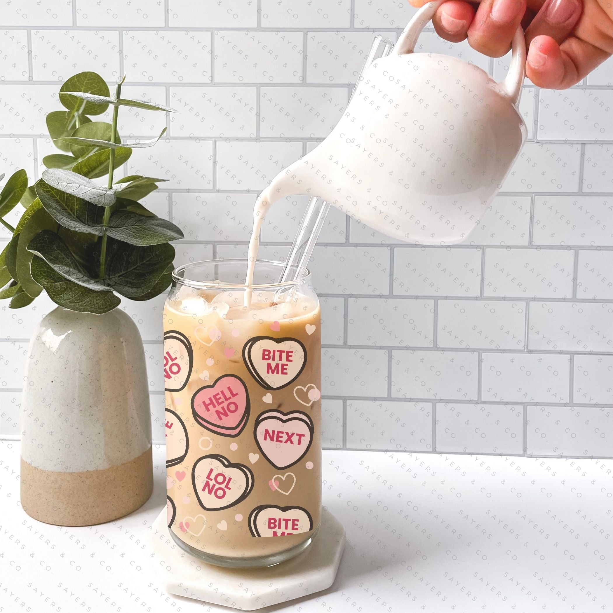 16oz Valentine's Day Candy Hearts Glass Cup with bamboo lid and straw, featuring a colorful heart design, perfect for drinks.