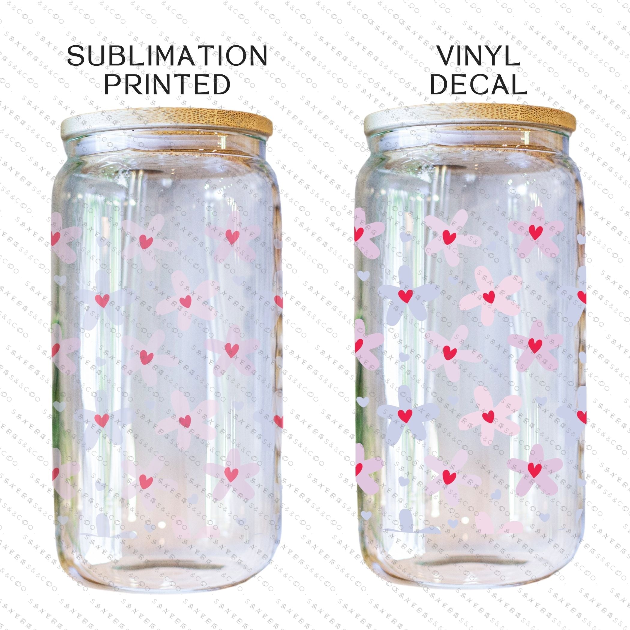 16oz Valentine's Day Daisy Hearts Glass Cup featuring a bamboo lid and straw, showcasing a floral design perfect for gifting.