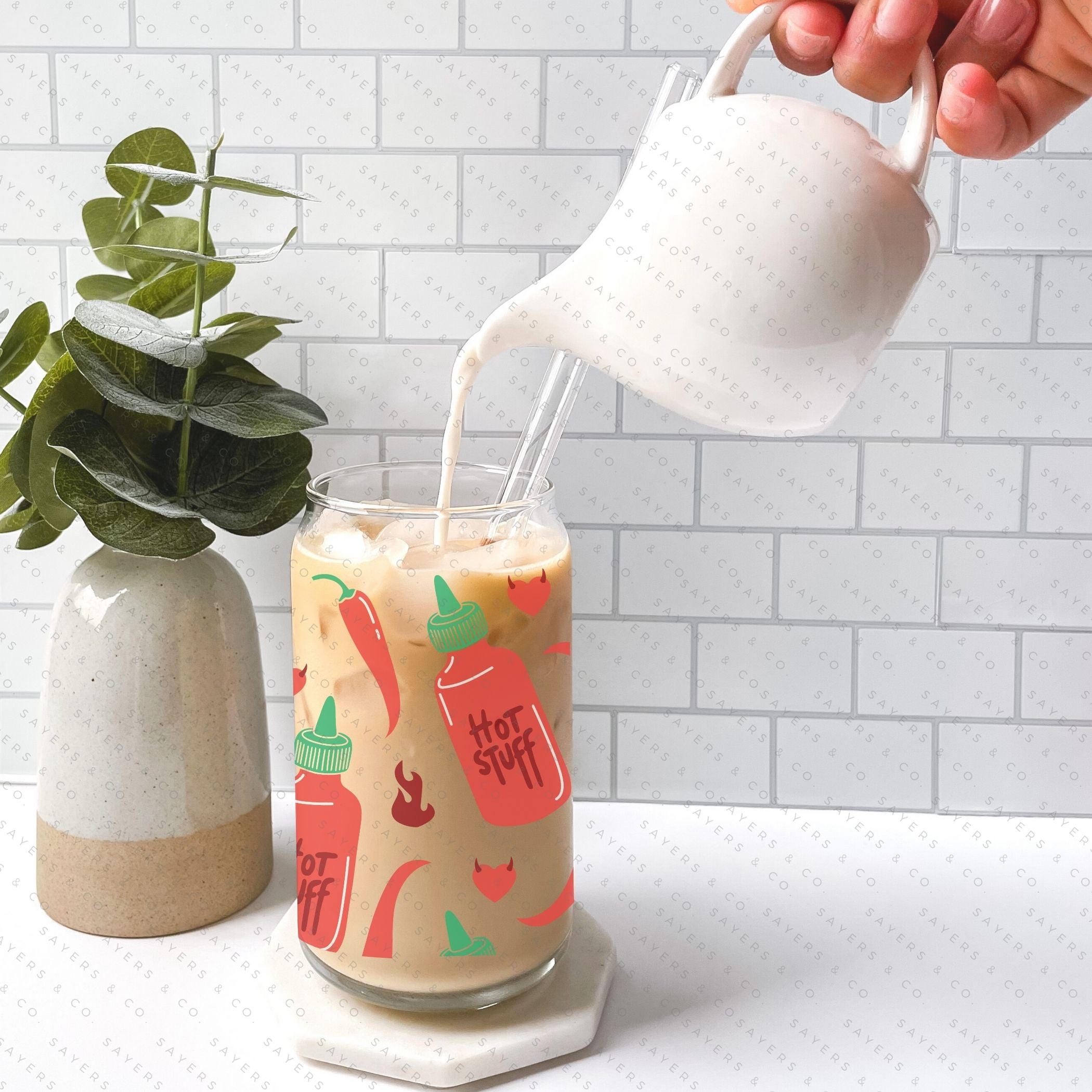 16oz Valentine's Day Spicy Glass Cup featuring a bamboo lid and clear straw, perfect for stylish beverage enjoyment.