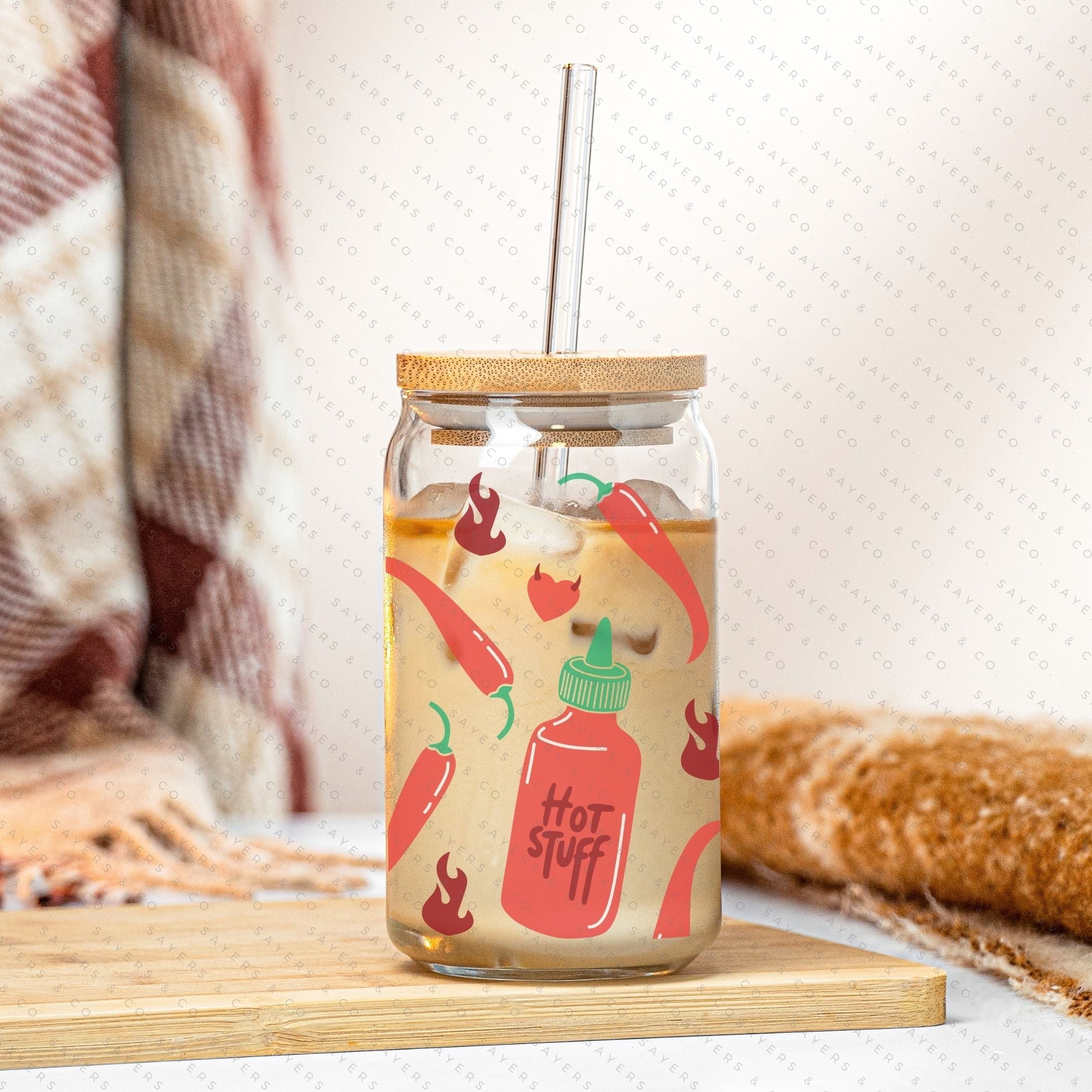 16oz Valentine's Day Spicy Glass Cup featuring a bamboo lid and clear straw, perfect for stylish beverage enjoyment.