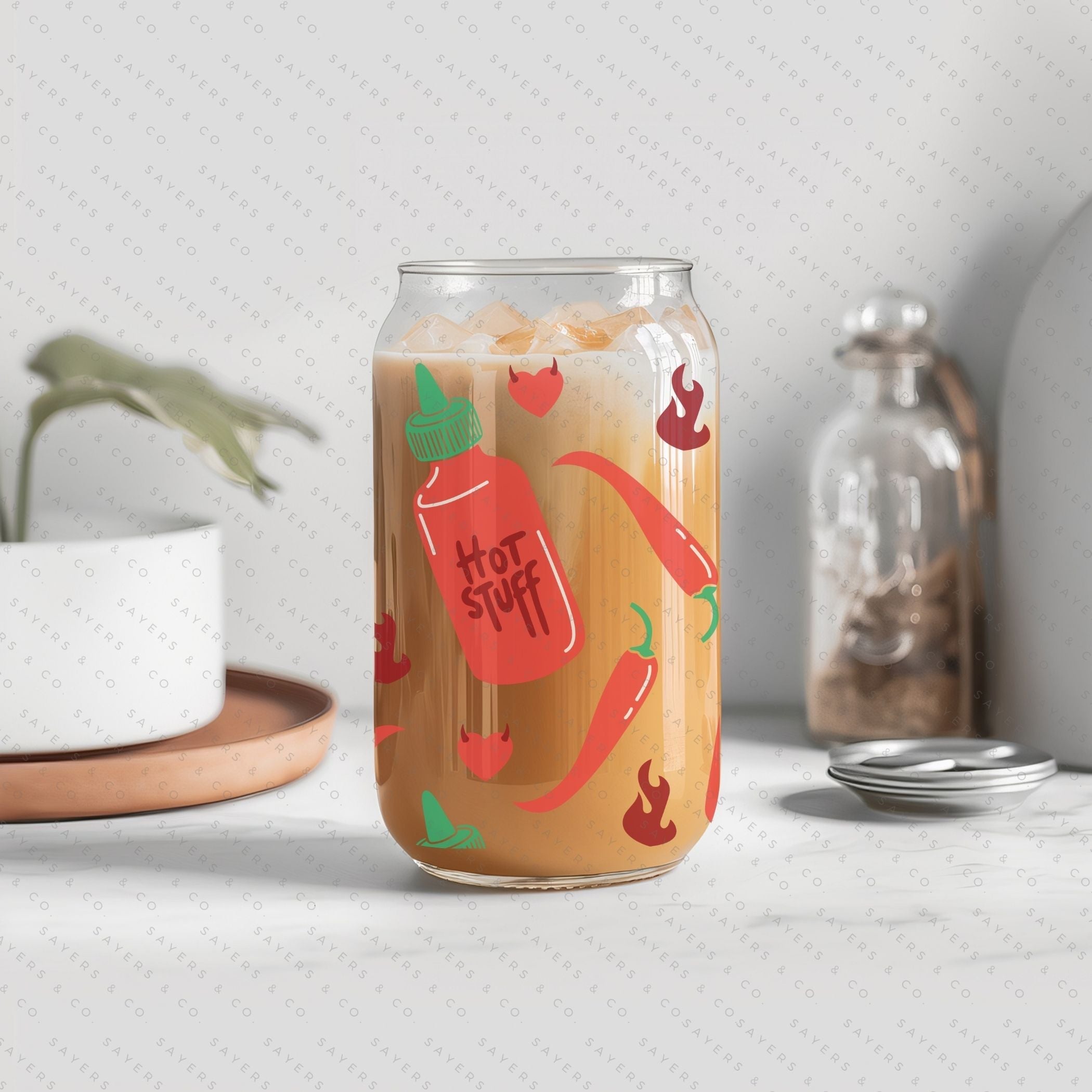 16oz Valentine's Day Spicy Glass Cup featuring a bamboo lid and clear straw, perfect for stylish beverage enjoyment.