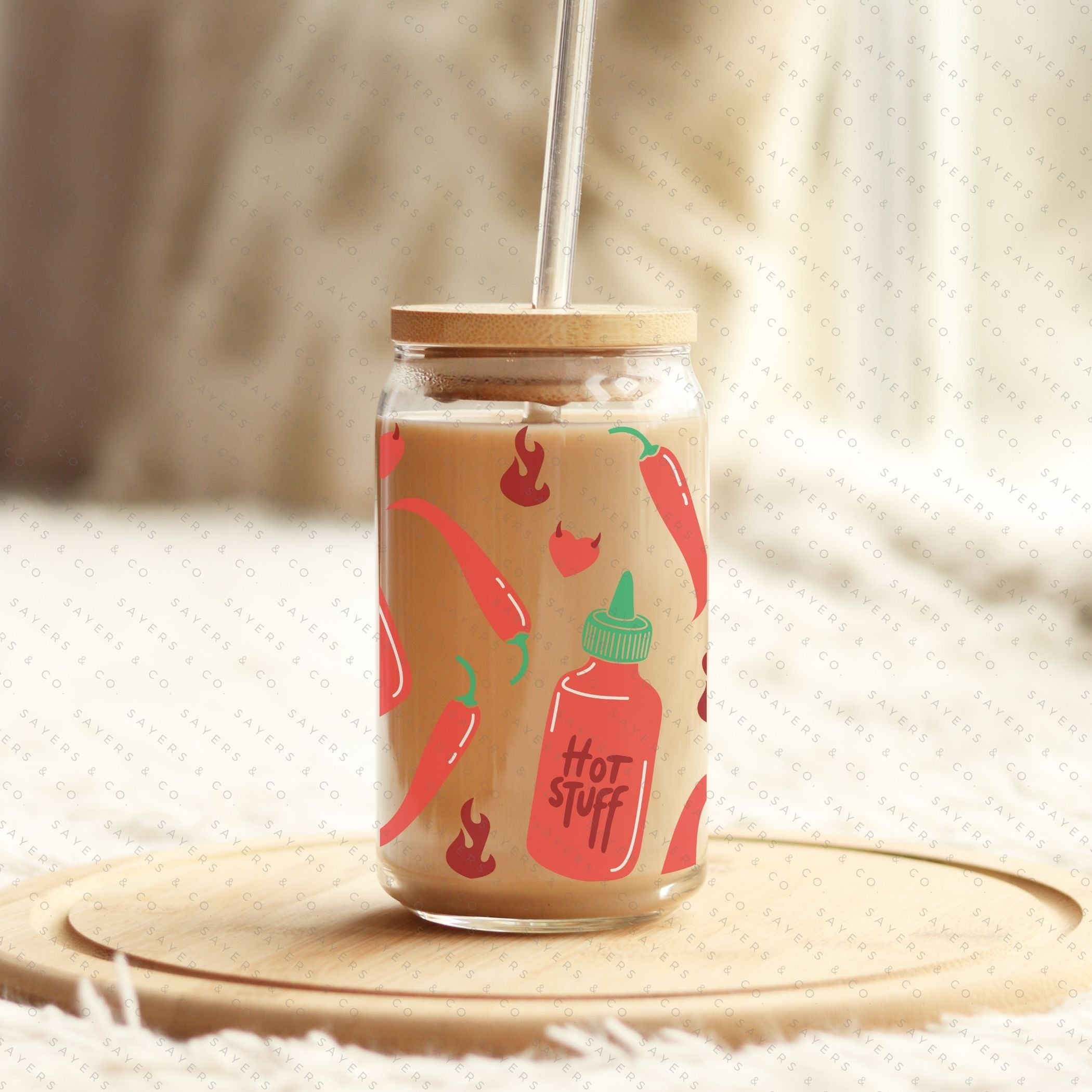 16oz Valentine's Day Spicy Glass Cup featuring a bamboo lid and clear straw, perfect for stylish beverage enjoyment.