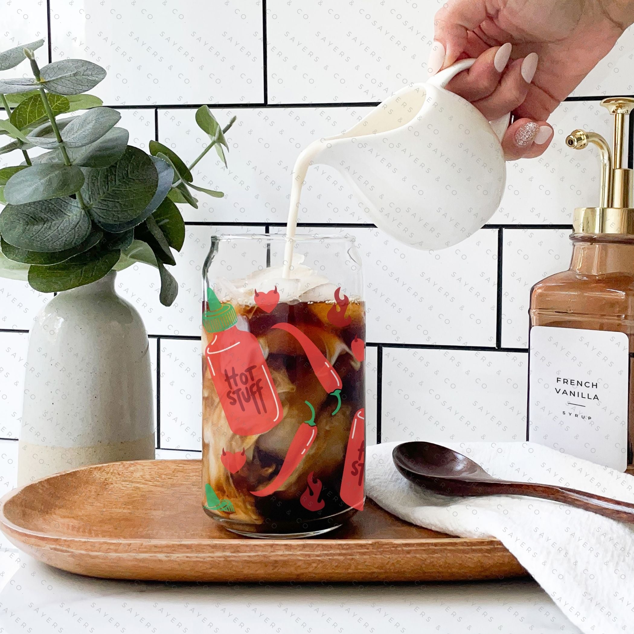 16oz Valentine's Day Spicy Glass Cup featuring a bamboo lid and clear straw, perfect for stylish beverage enjoyment.