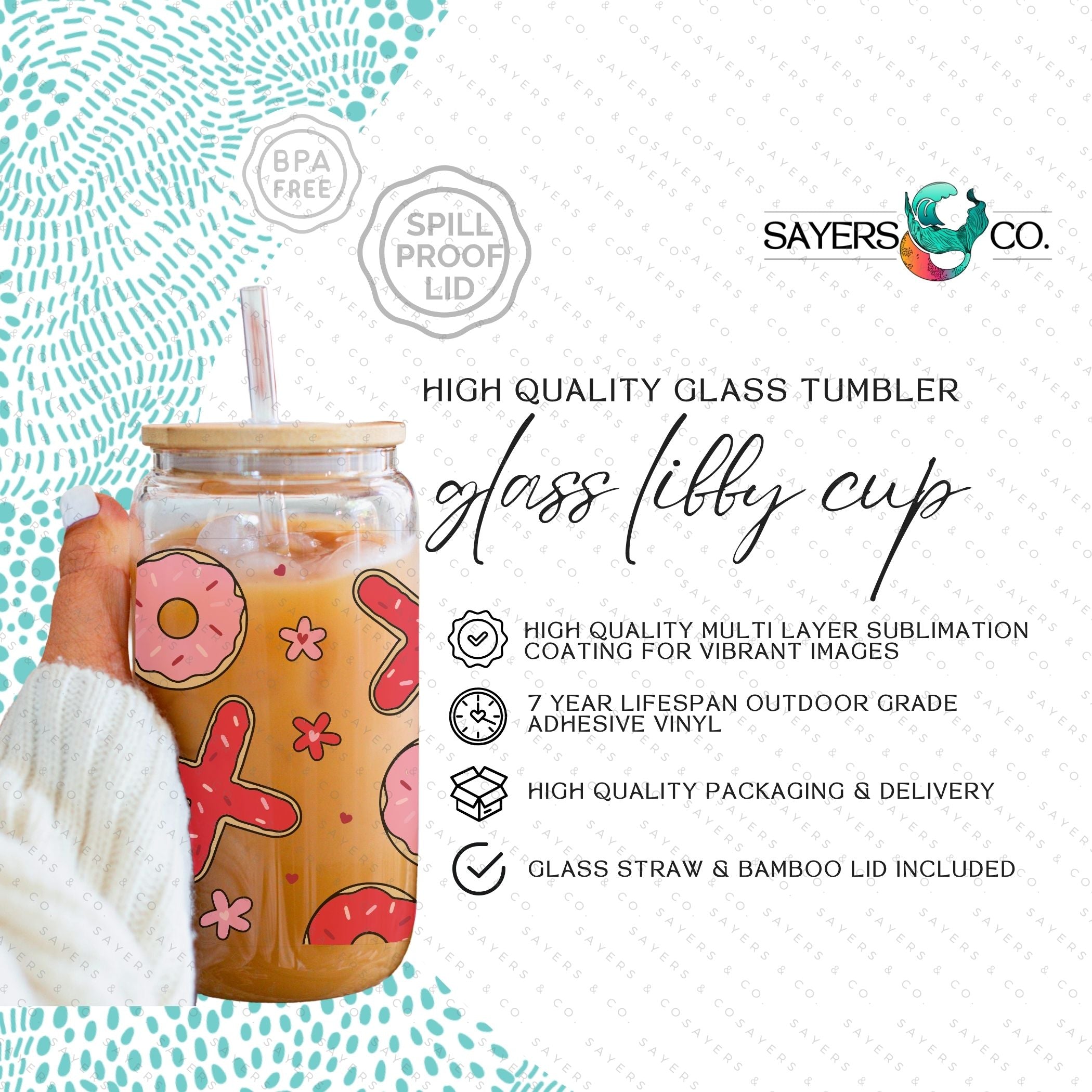 16oz Valentine's Day Xs and Os Donut Glass Cup featuring a bamboo lid and straw, perfect for drinks.