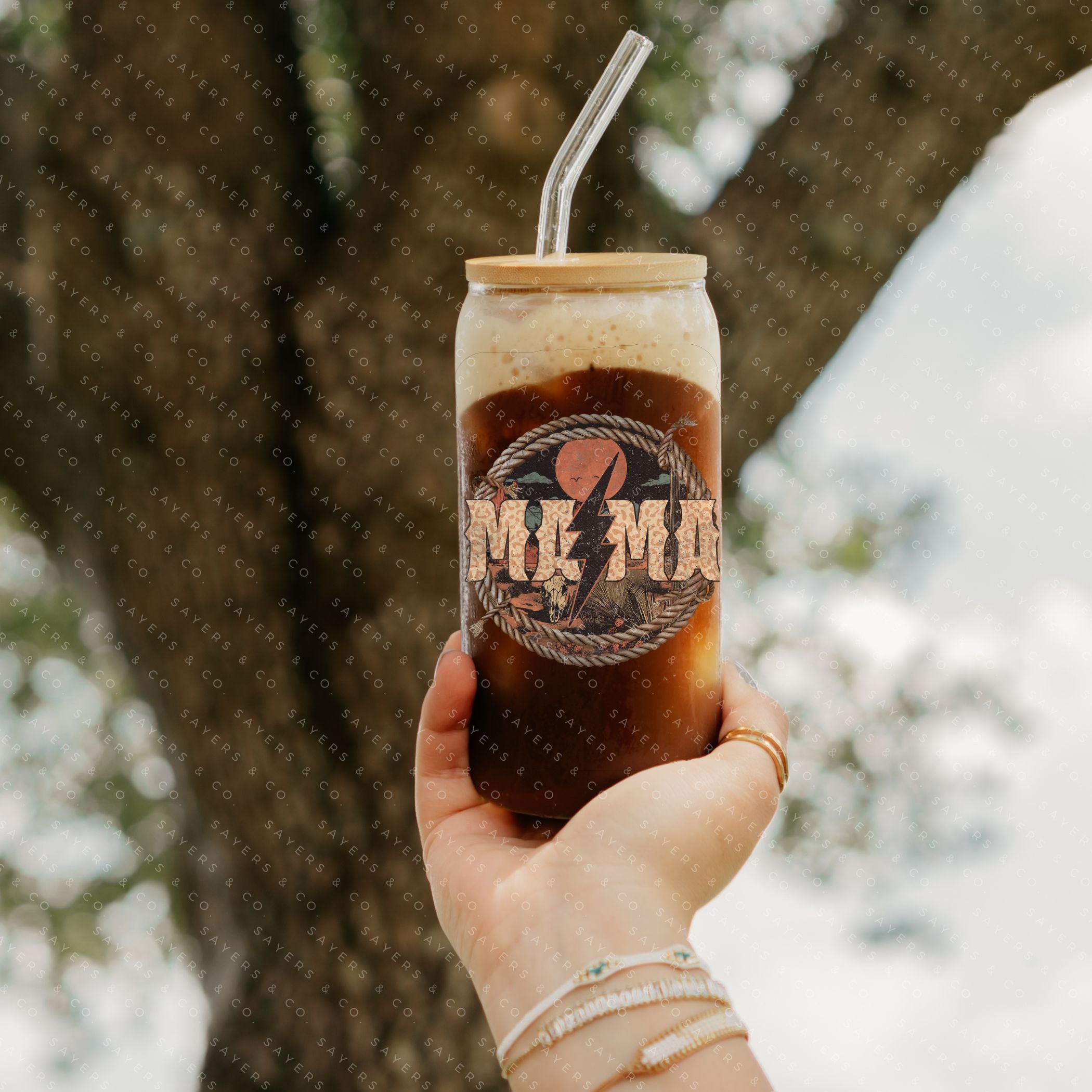 16oz Western Mama Glass Cup with bamboo lid and straw, featuring a stylish design perfect for drinks.