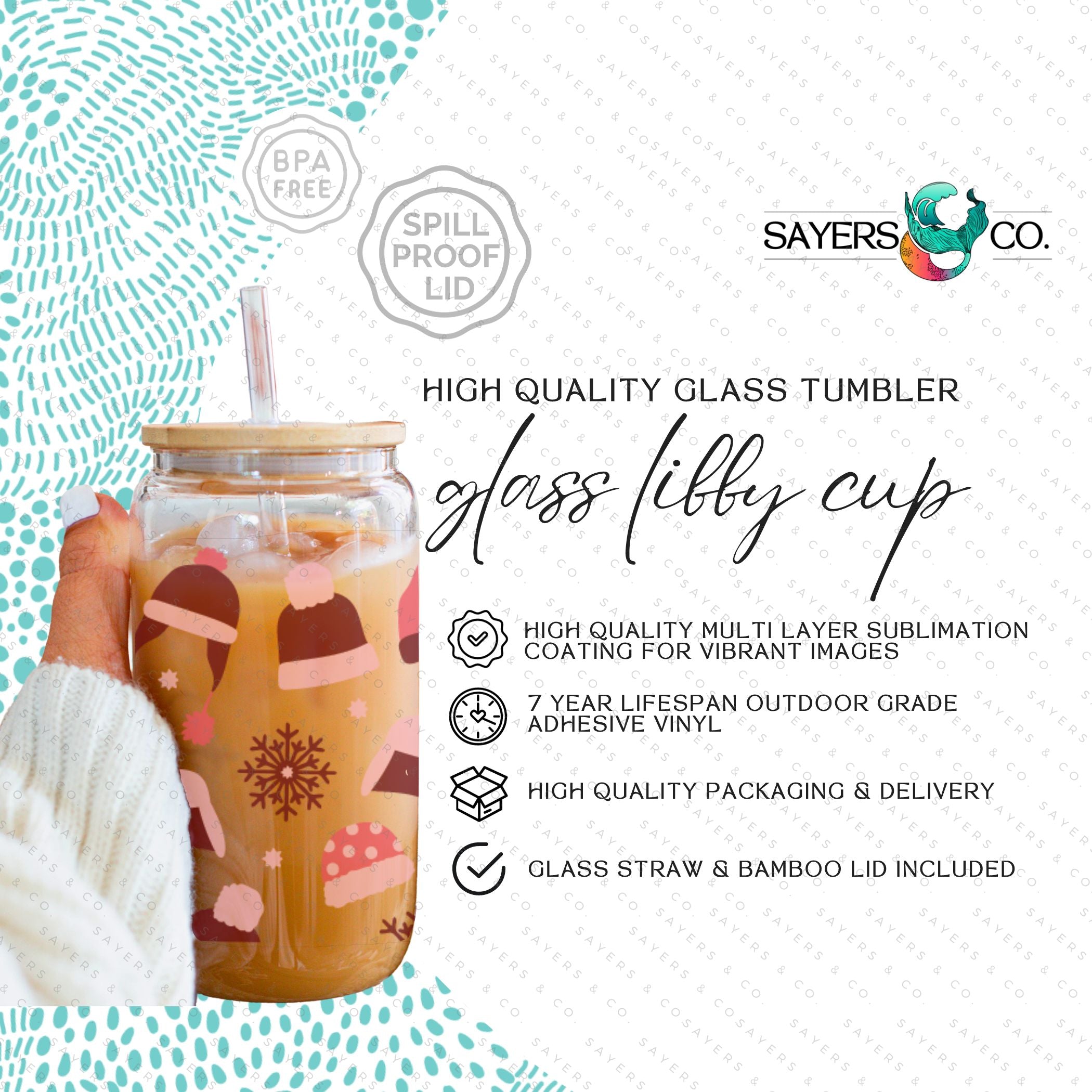 16oz Winter Beanies Glass Cup with bamboo lid and straw, featuring a festive winter design, perfect for holiday drinks.