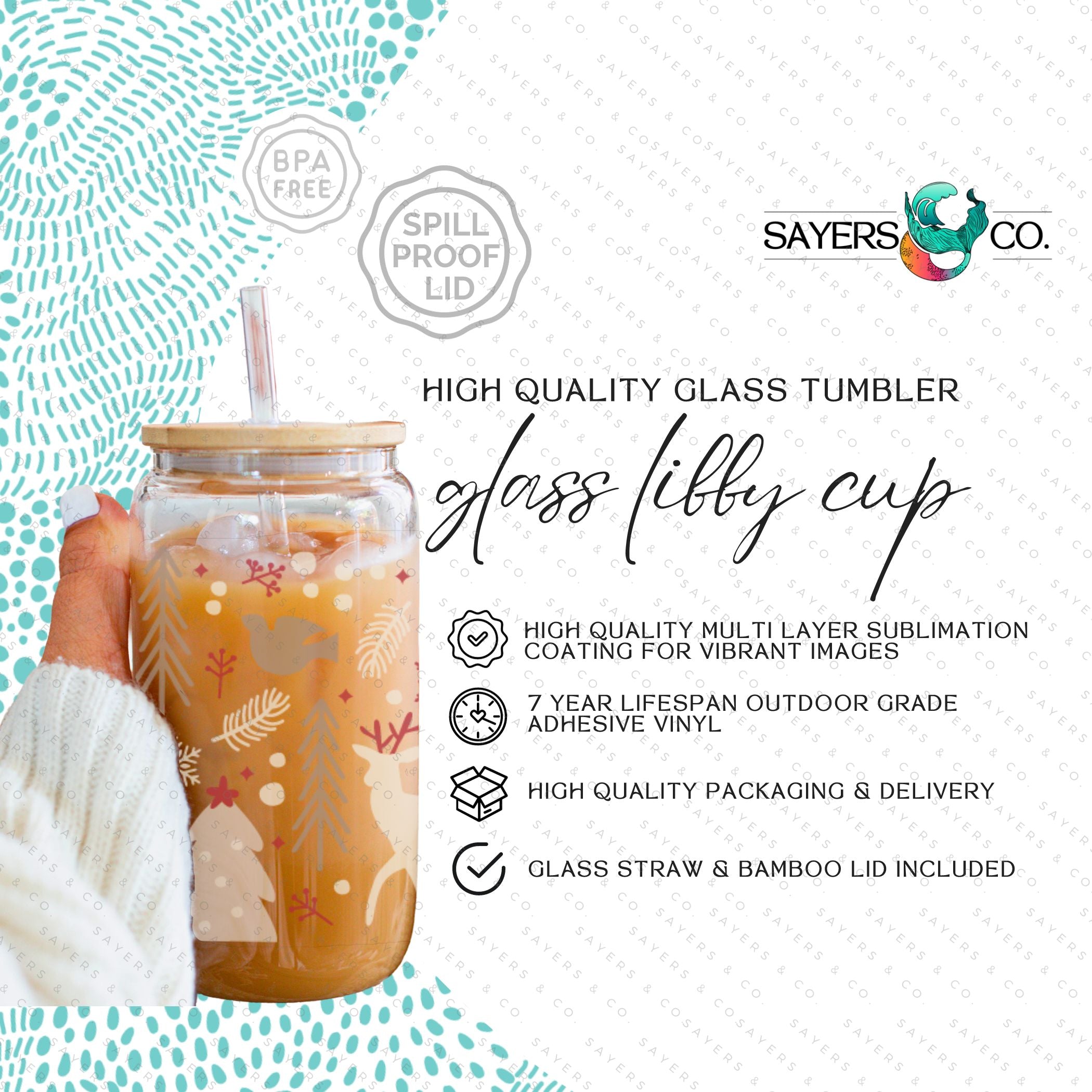 16oz Winter Magic Glass Cup with Bamboo Lid and Straw, featuring winter-themed designs and a clear glass finish.