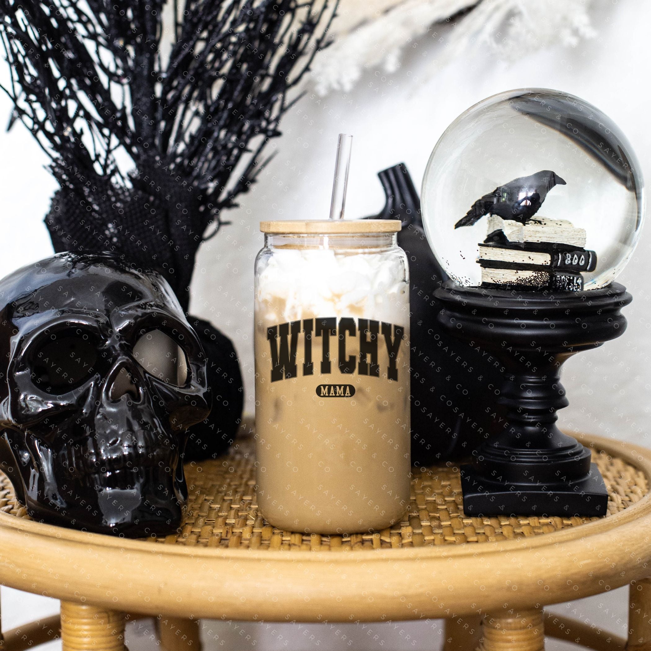 16oz Witchy Mama Glass Cup with bamboo lid and straw, featuring a whimsical design perfect for Halloween and everyday use.