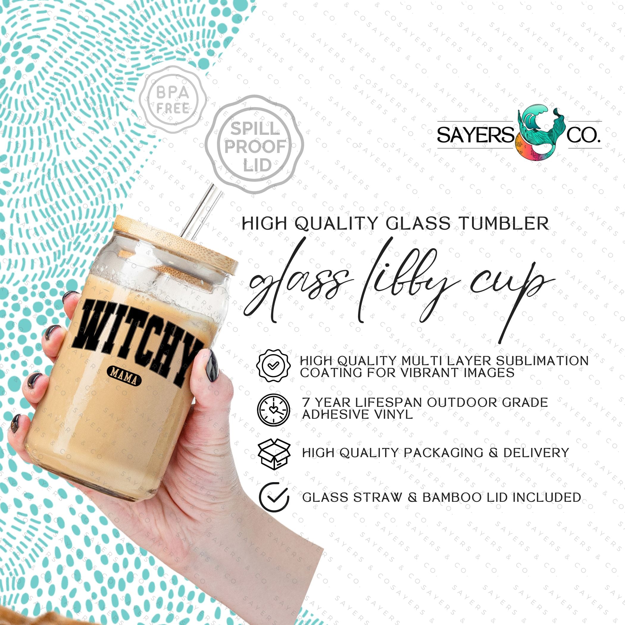 16oz Witchy Mama Glass Cup with bamboo lid and straw, featuring a whimsical design perfect for Halloween and everyday use.