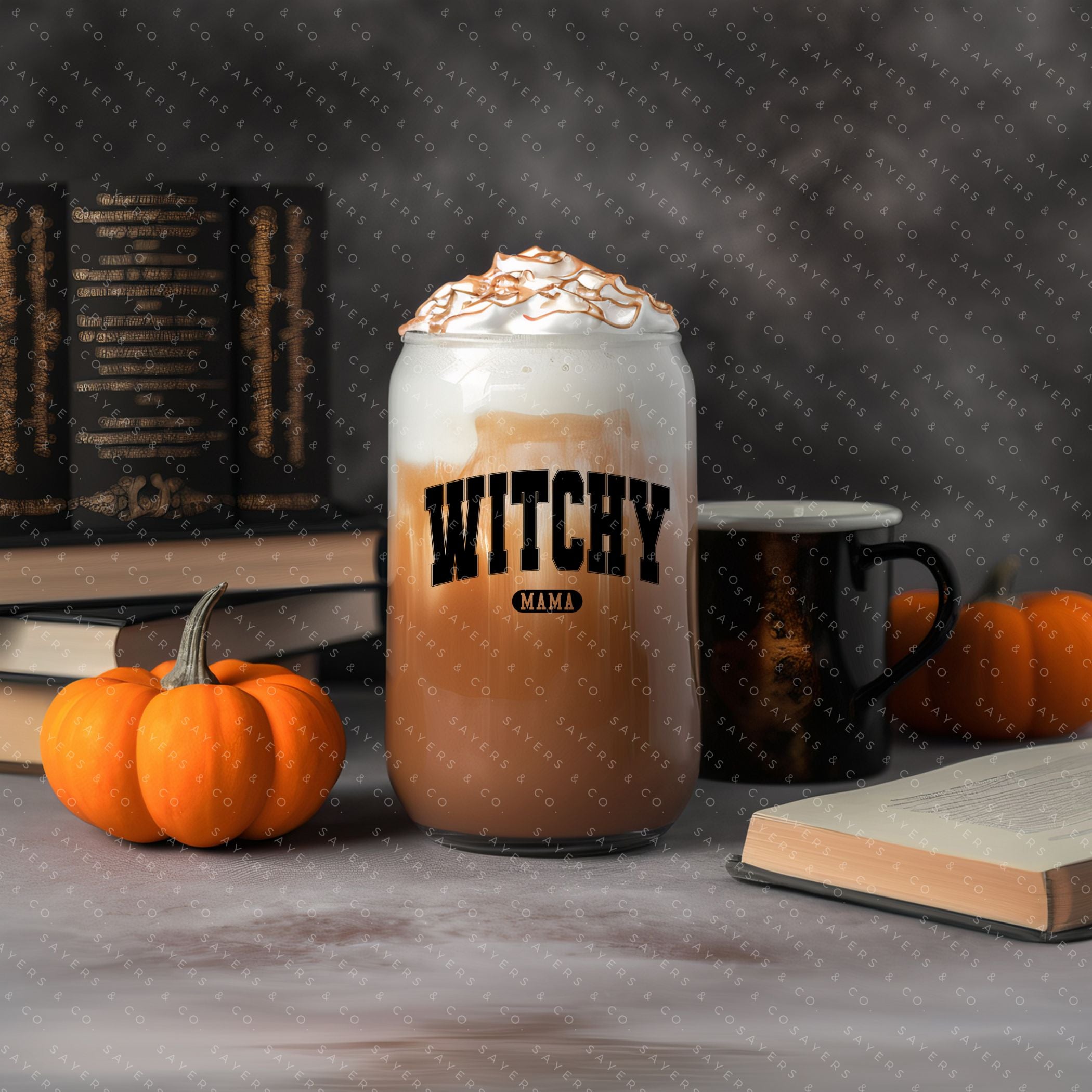 16oz Witchy Mama Glass Cup with bamboo lid and straw, featuring a whimsical design perfect for Halloween and everyday use.