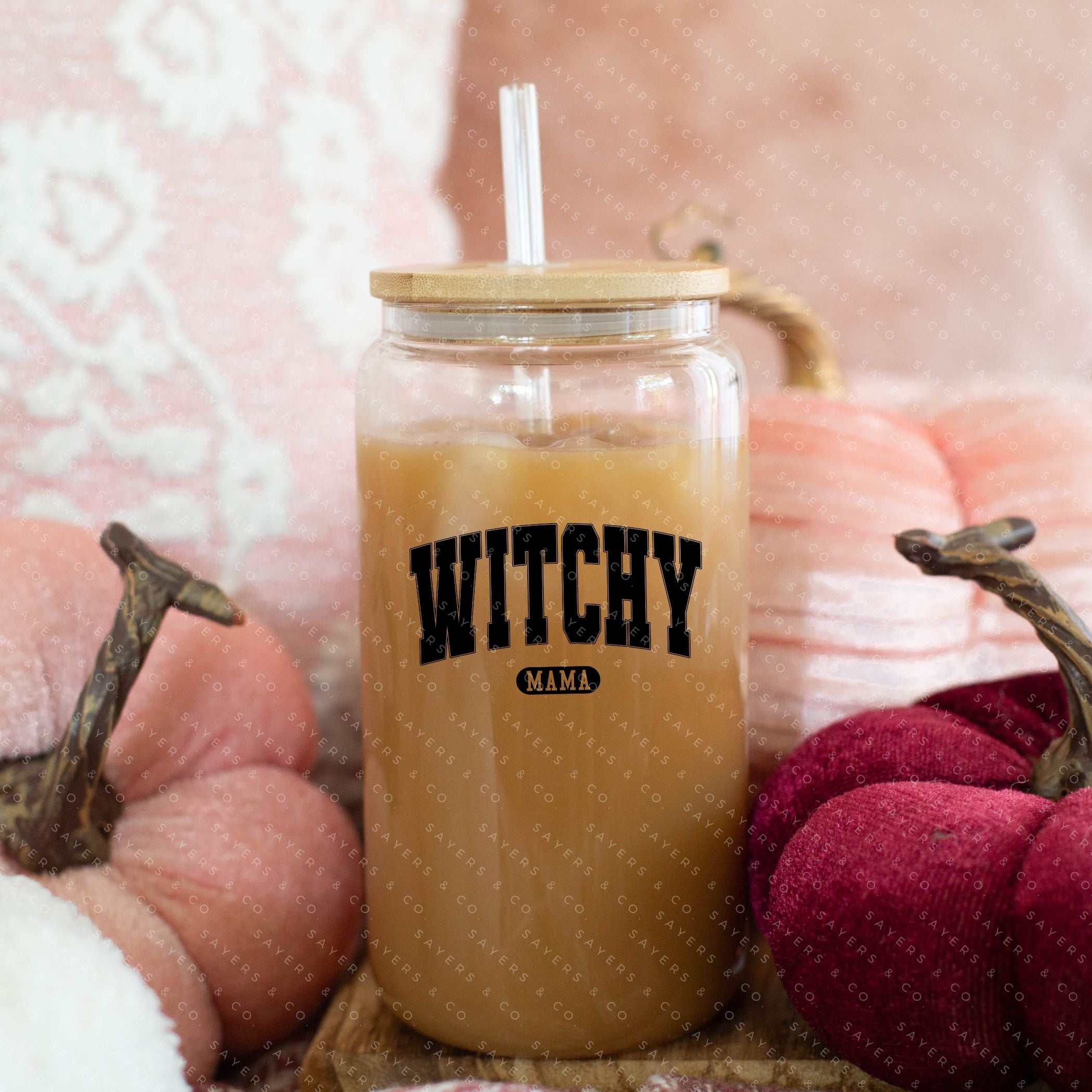 16oz Witchy Mama Glass Cup with bamboo lid and straw, featuring a whimsical design perfect for Halloween and everyday use.