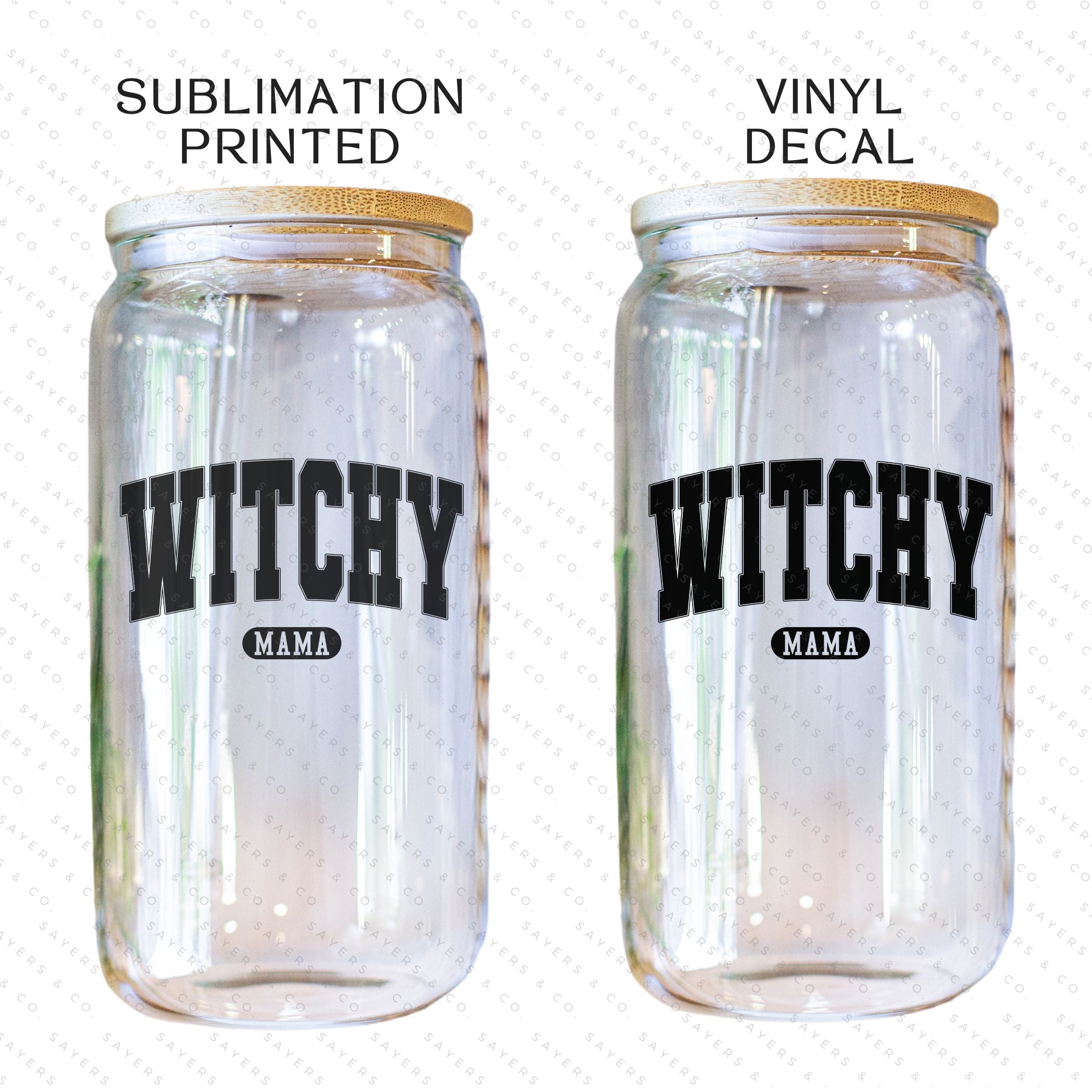 16oz Witchy Mama Glass Cup with bamboo lid and straw, featuring a whimsical design perfect for Halloween and everyday use.