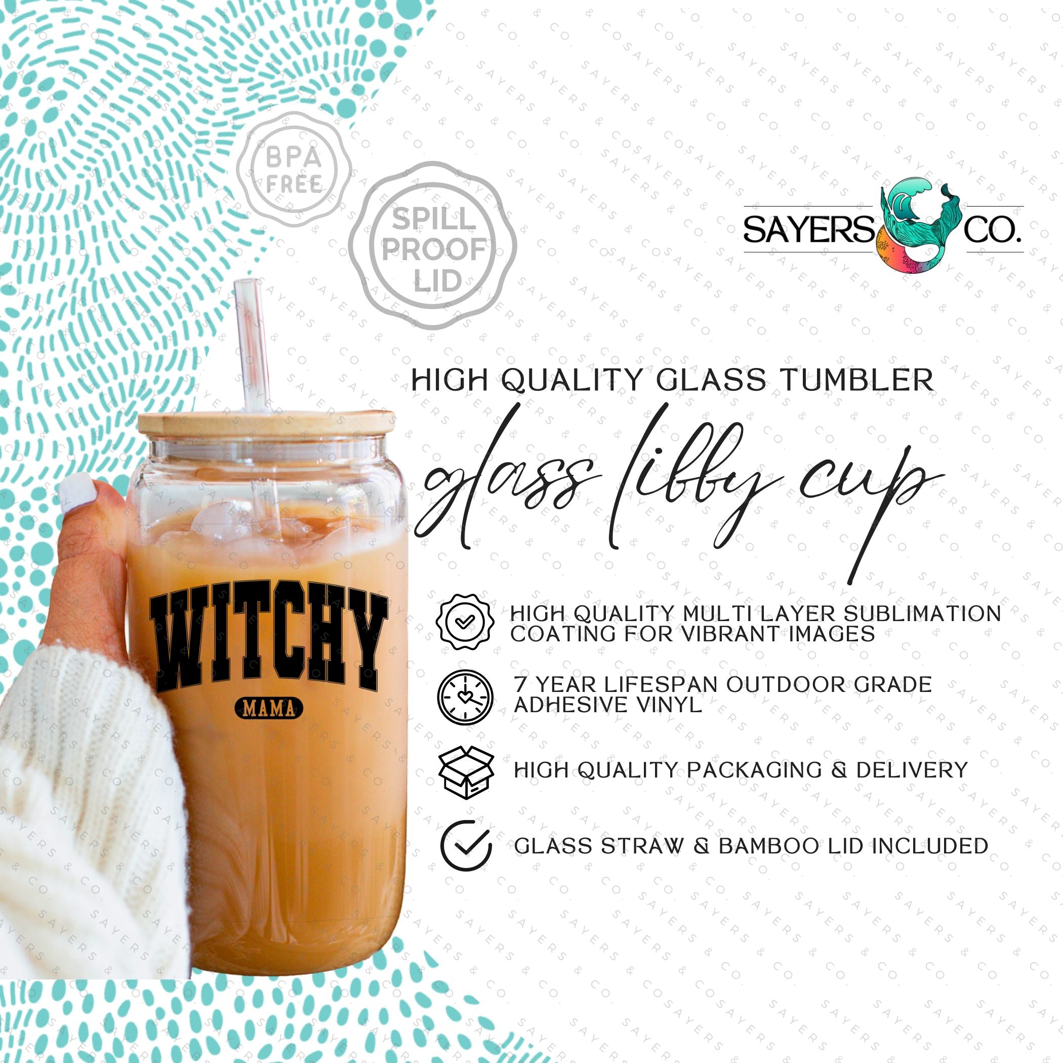 16oz Witchy Mama Glass Cup with bamboo lid and straw, featuring a whimsical design perfect for Halloween and everyday use.