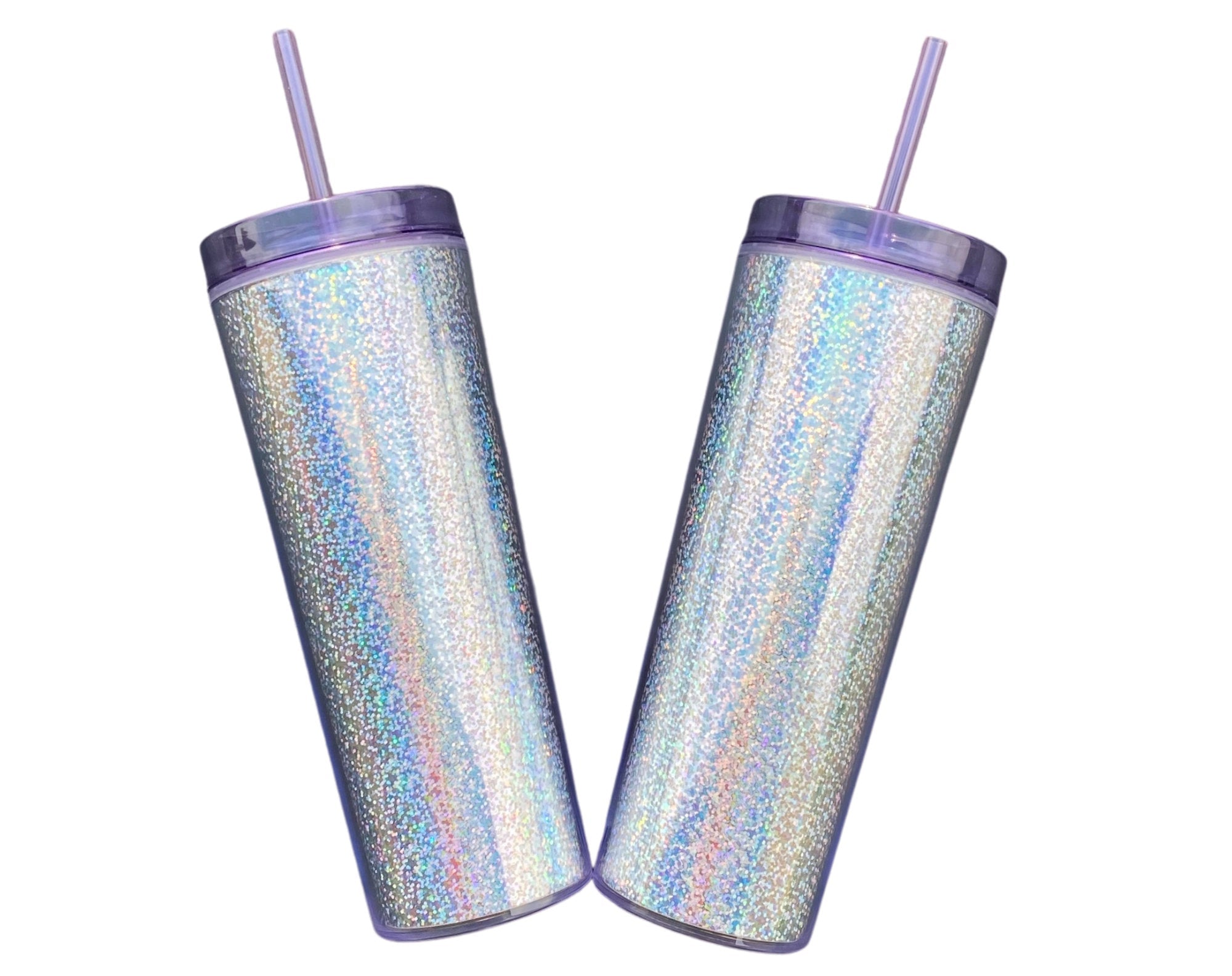 20 oz Blank Holographic Glitter Acrylic Tumbler with purple lid and straw, showcasing a sparkling glitter finish.