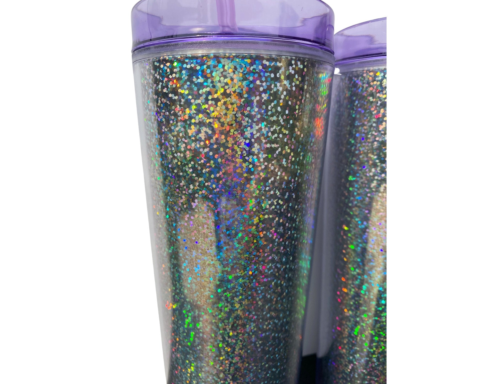 20 oz Blank Holographic Glitter Acrylic Tumbler with purple lid and straw, showcasing a sparkling glitter finish.