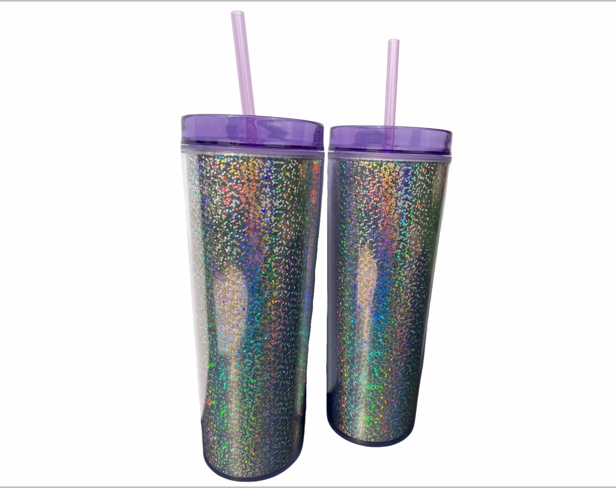 20 oz Blank Holographic Glitter Acrylic Tumbler with purple lid and straw, showcasing a sparkling glitter finish.