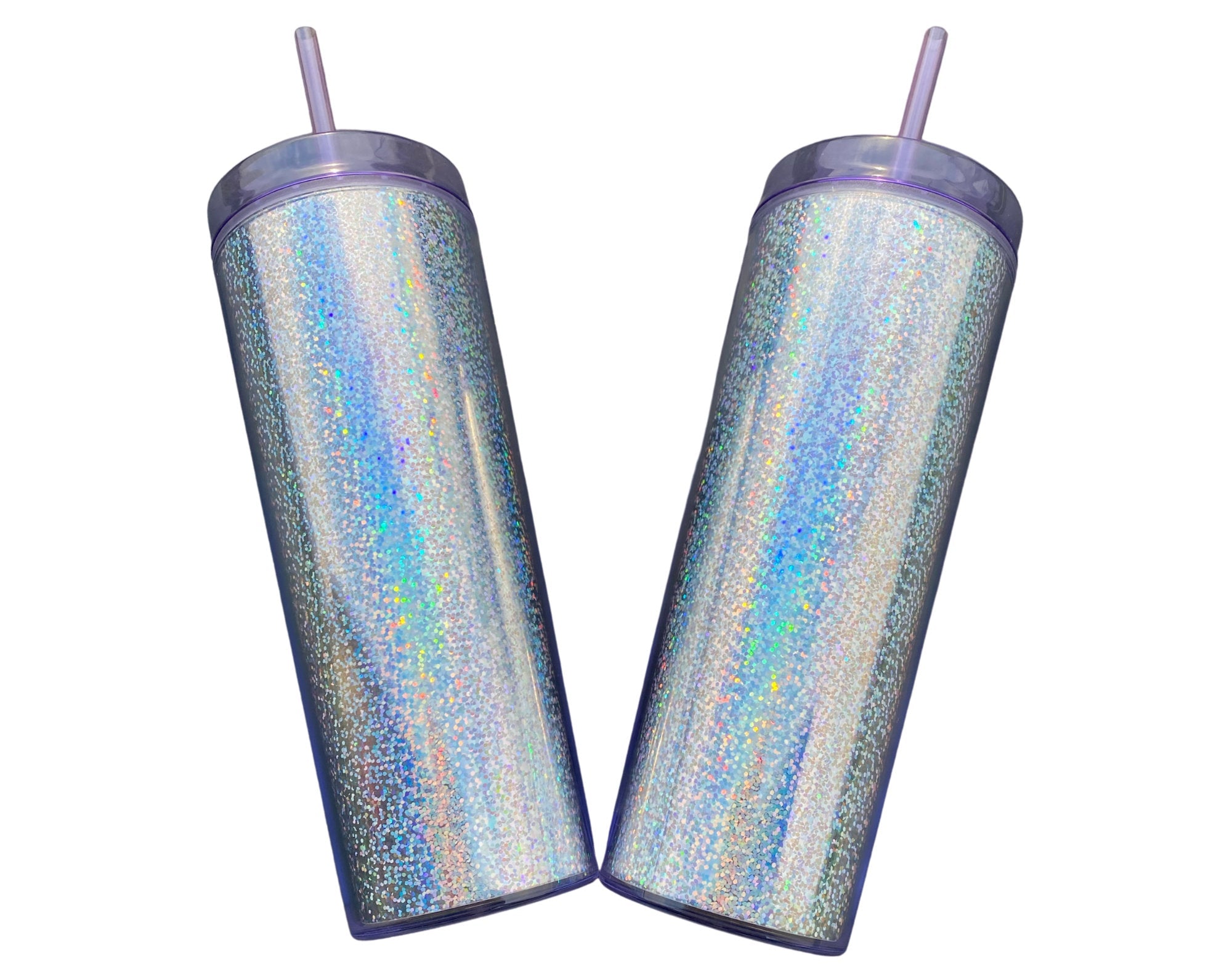 20 oz Blank Holographic Glitter Acrylic Tumbler with purple lid and straw, showcasing a sparkling glitter finish.