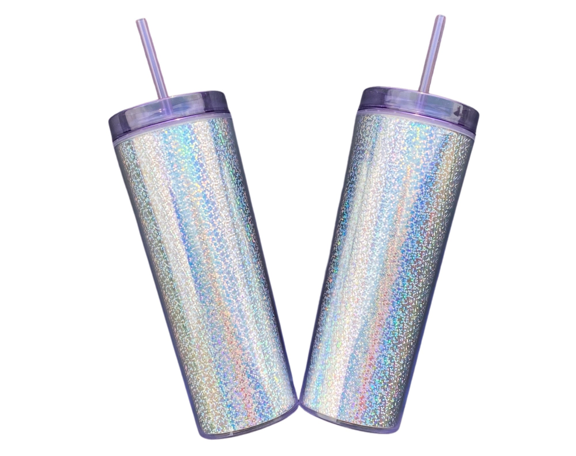20 oz Blank Holographic Glitter Acrylic Tumbler with purple lid and straw, showcasing a sparkling glitter finish.