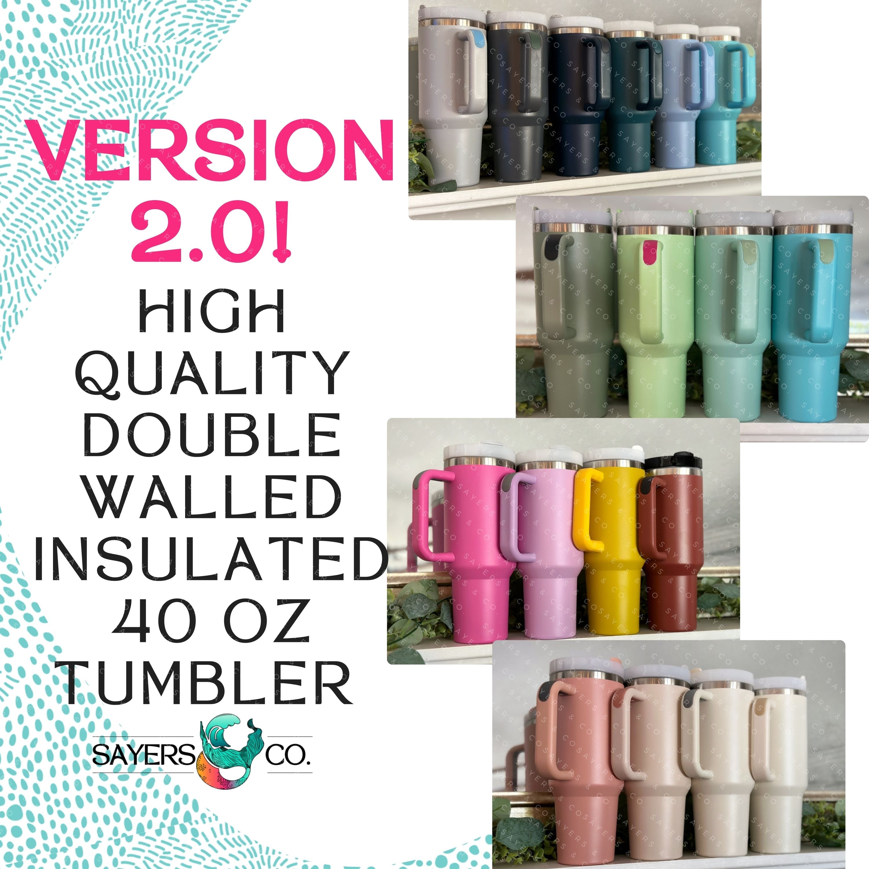 40 oz double-walled insulated tumbler in various colors with a screw top and silicon lid, showcasing its matte finish and customization options.