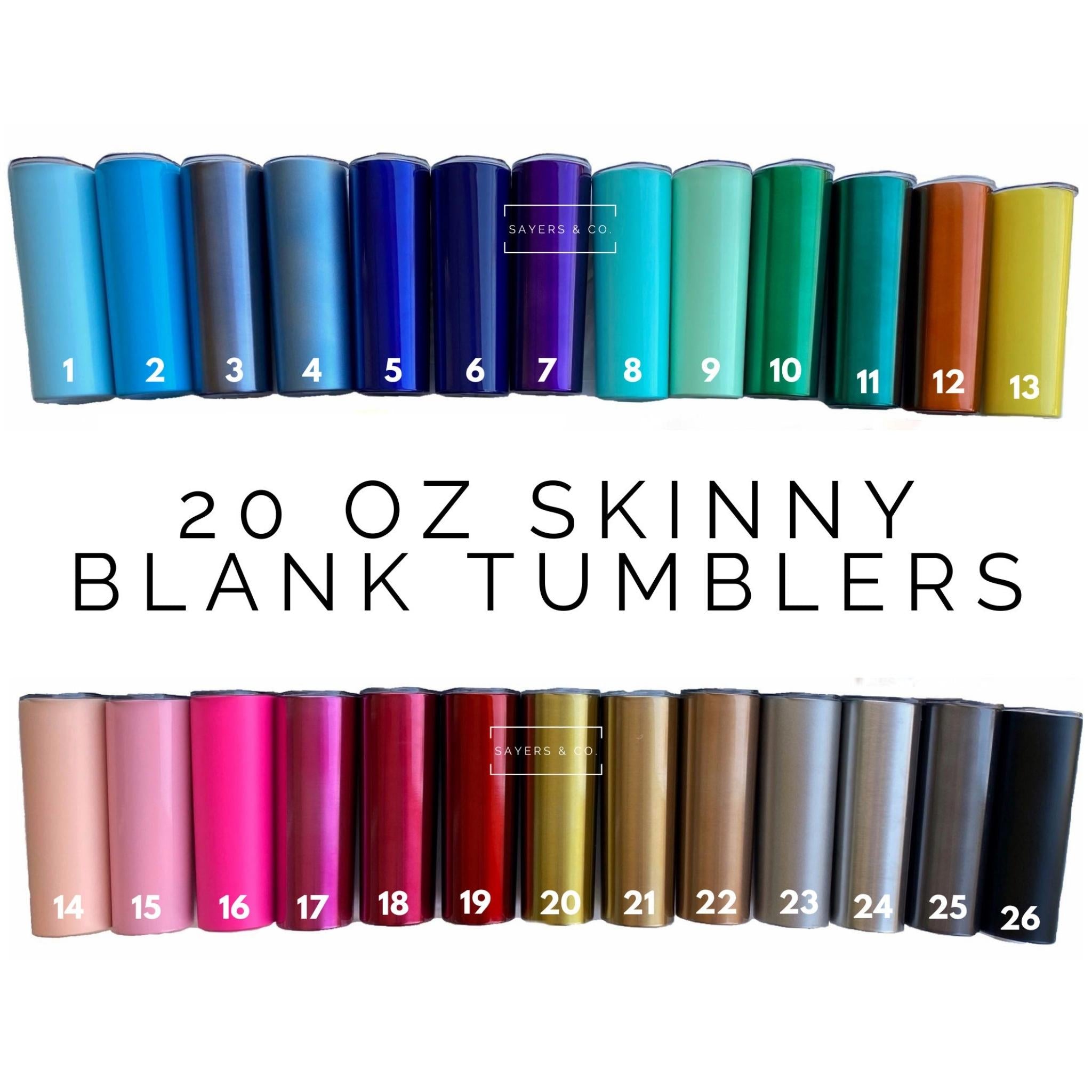 A 20oz skinny tumbler in solid colors, featuring a straw and packaged in a white box, ideal for customization.