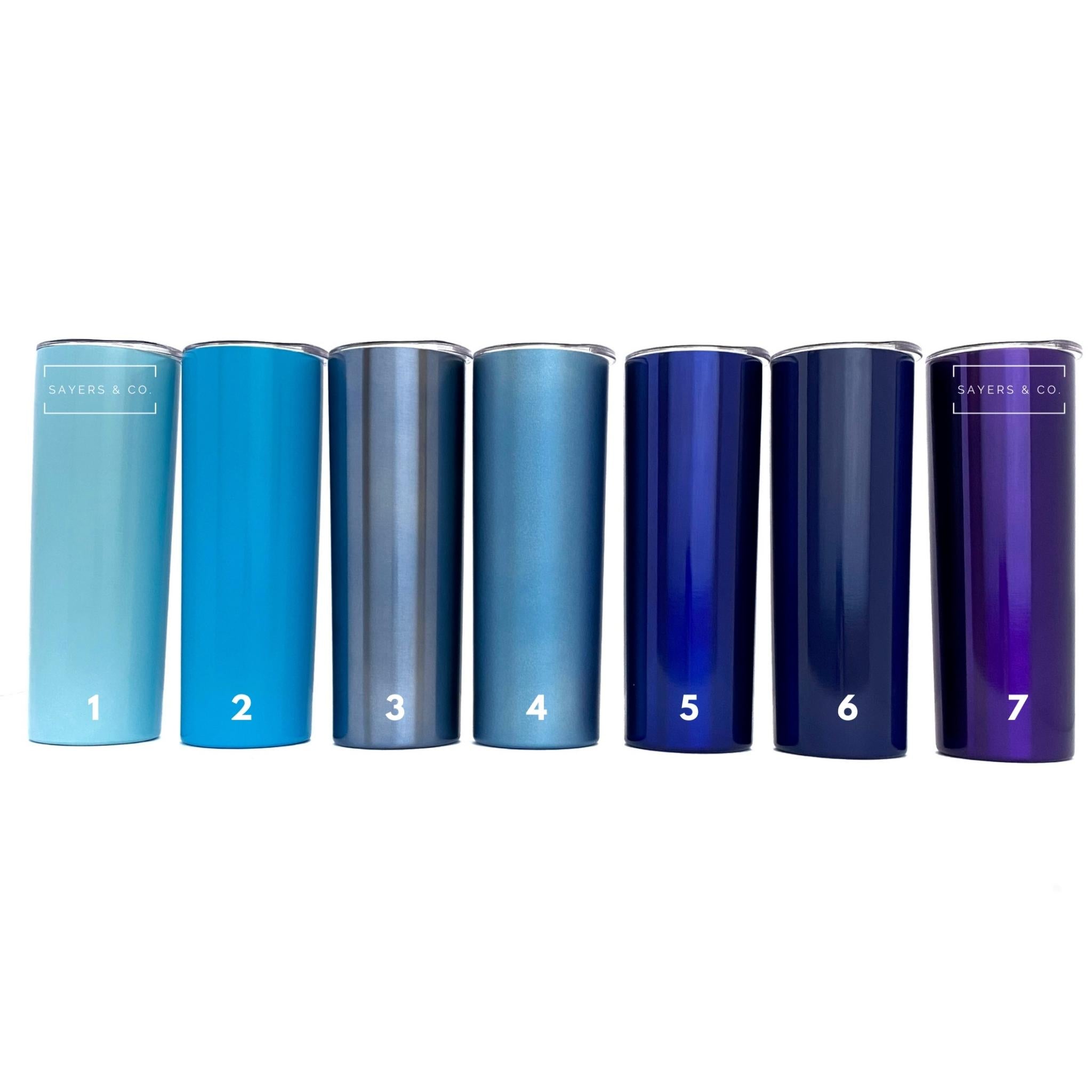 A 20oz skinny tumbler in solid colors, featuring a straw and packaged in a white box, ideal for customization.
