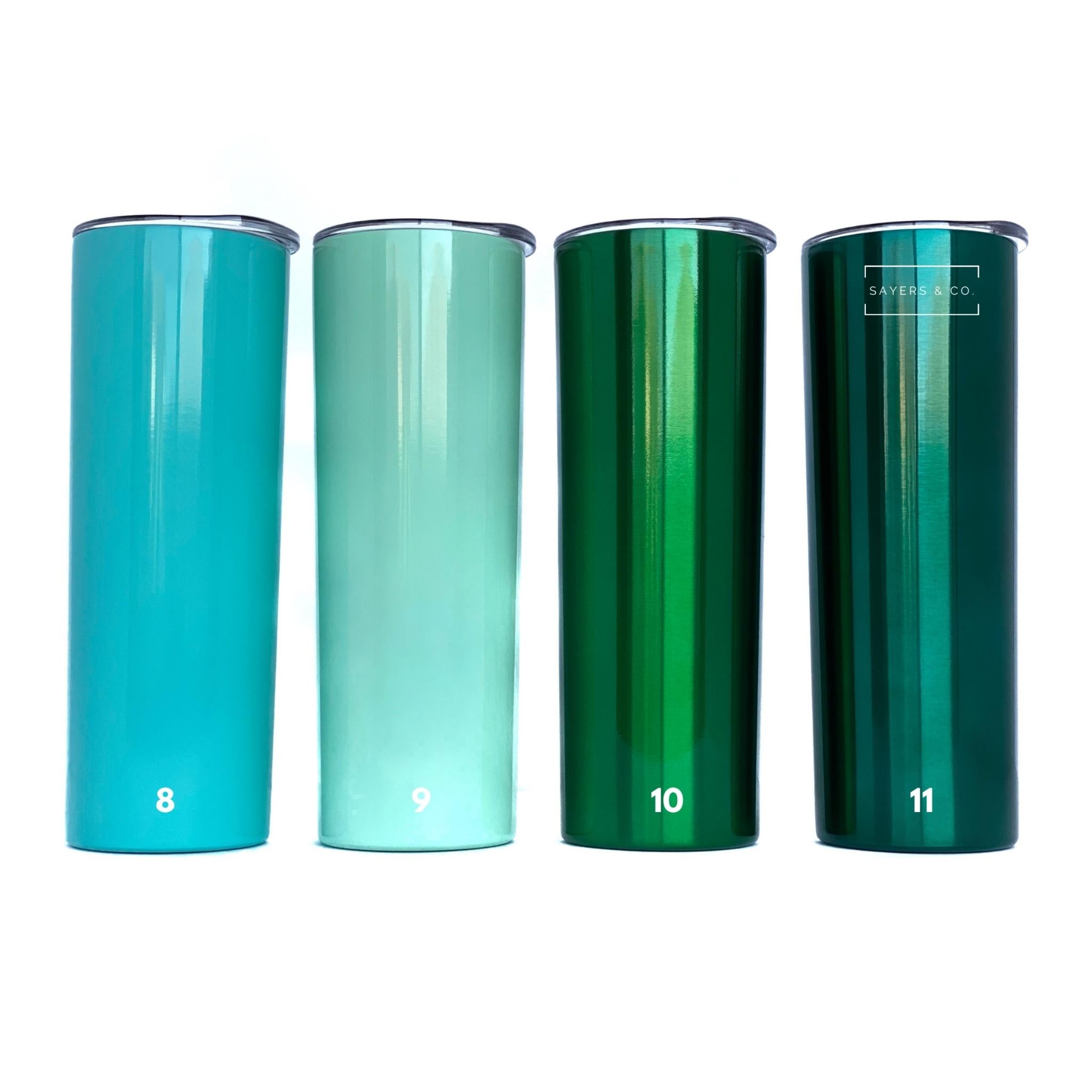 A 20oz skinny tumbler in solid colors, featuring a straw and packaged in a white box, ideal for customization.