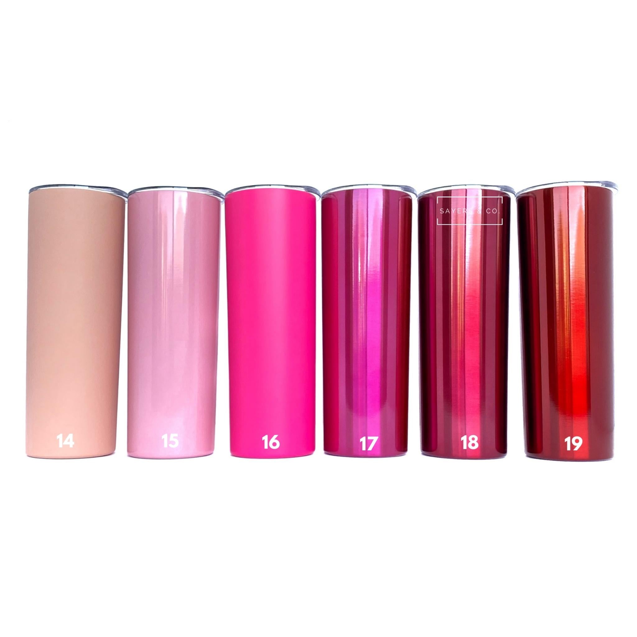 A 20oz skinny tumbler in solid colors, featuring a straw and packaged in a white box, ideal for customization.