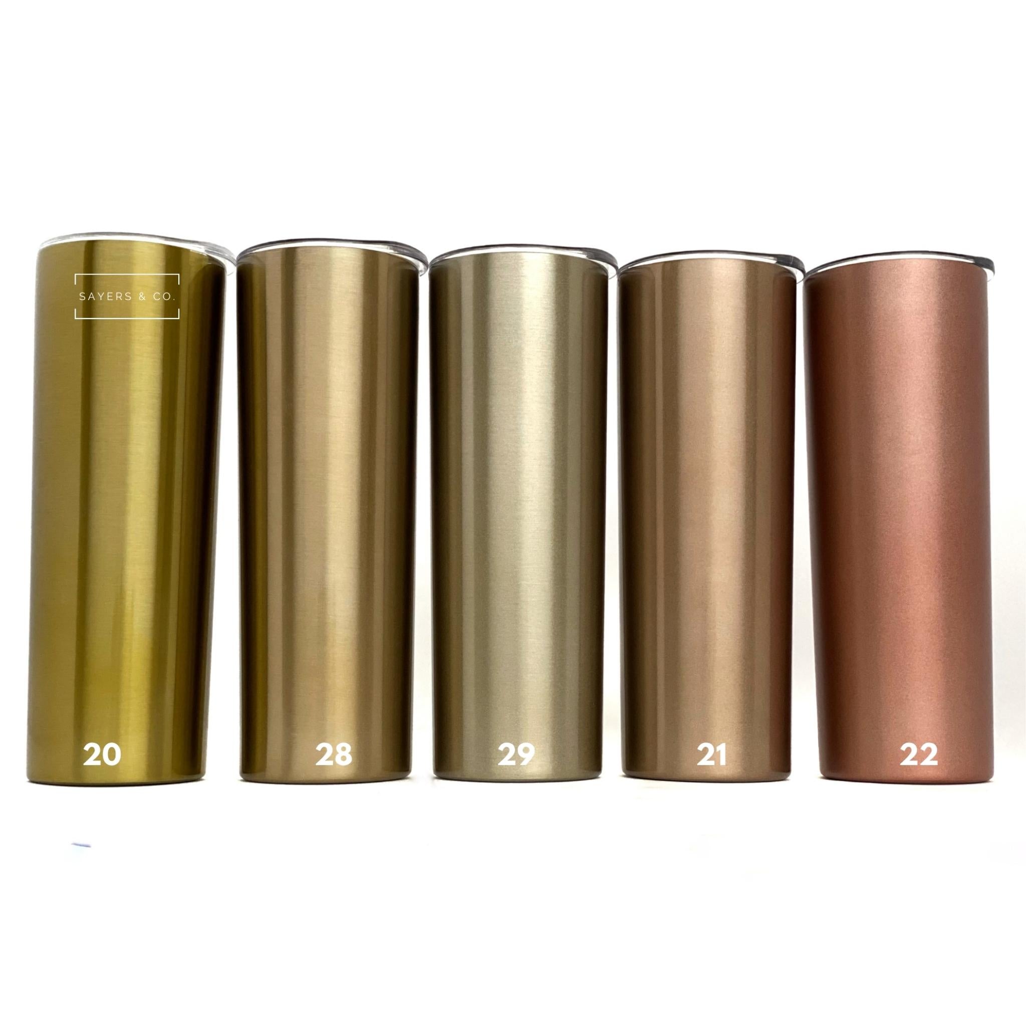 A 20oz skinny tumbler in solid colors, featuring a straw and packaged in a white box, ideal for customization.