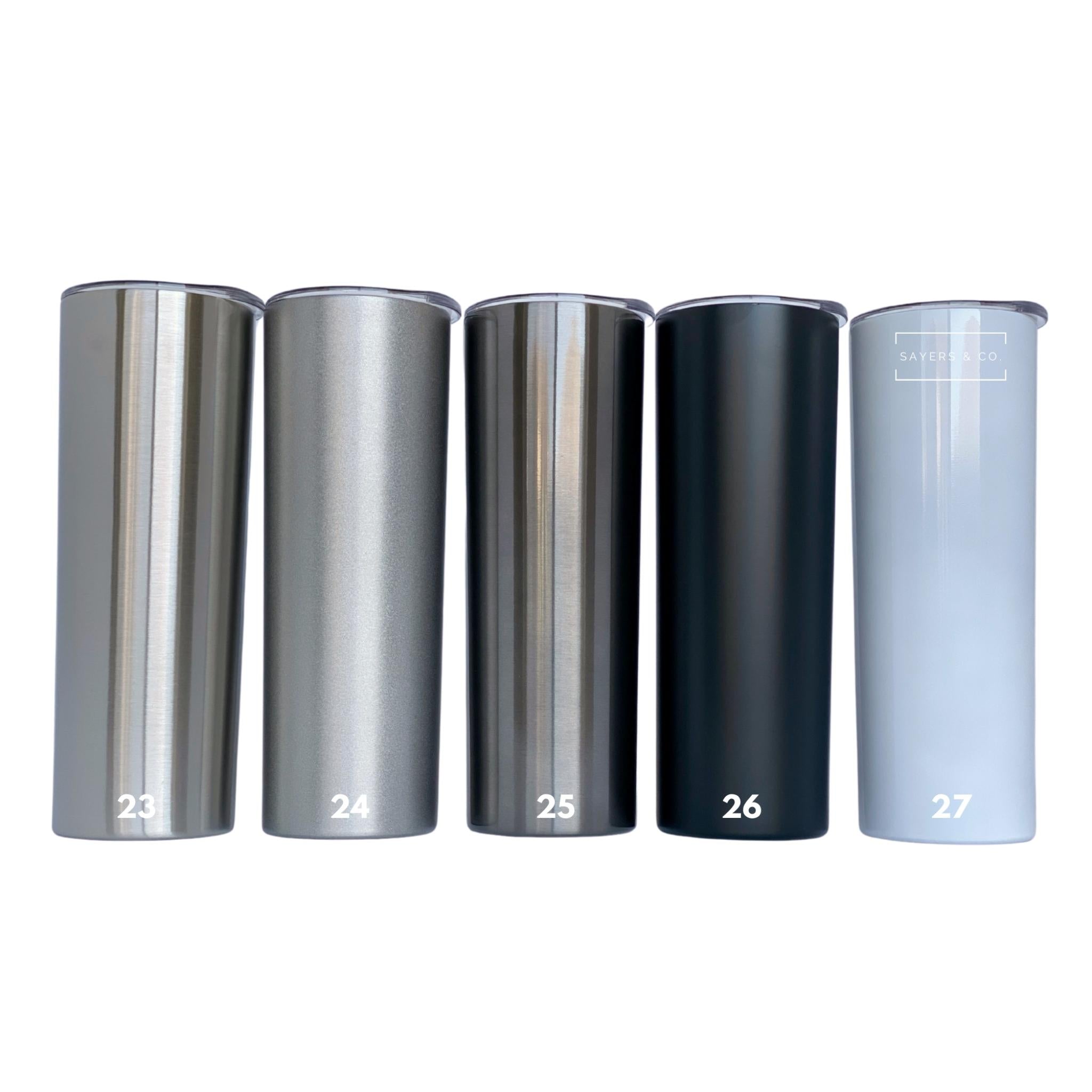 A 20oz skinny tumbler in solid colors, featuring a straw and packaged in a white box, ideal for customization.