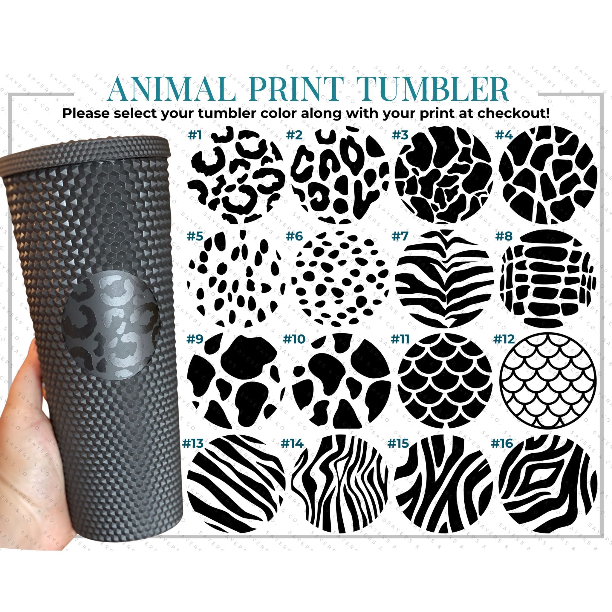 24oz Custom Animal Print Studded Double Walled Tumbler with various animal prints and a matching straw.