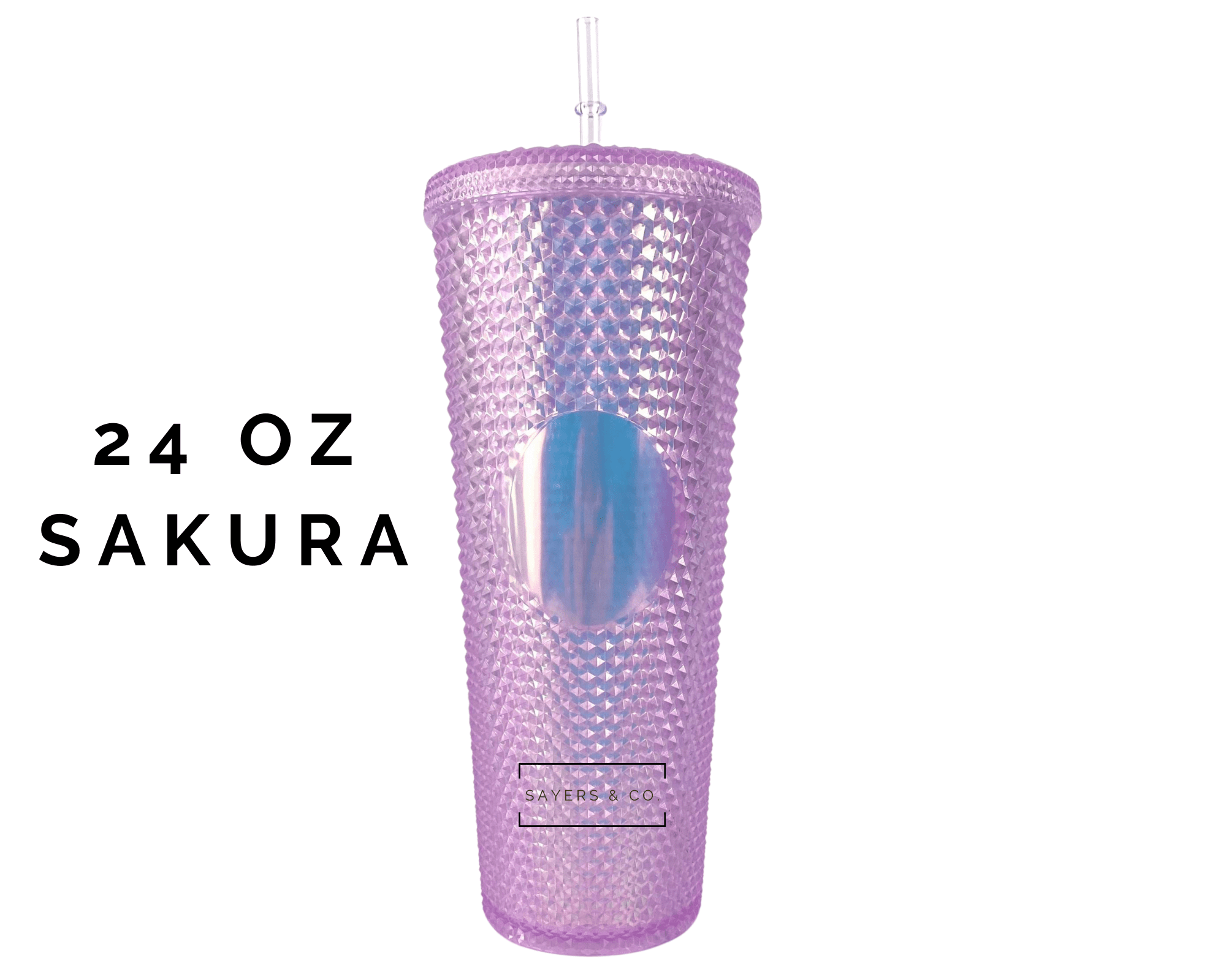 A stylish 24oz custom holiday tumbler with a studded design, featuring a screw top and a matching straw, perfect for hot and cold beverages.