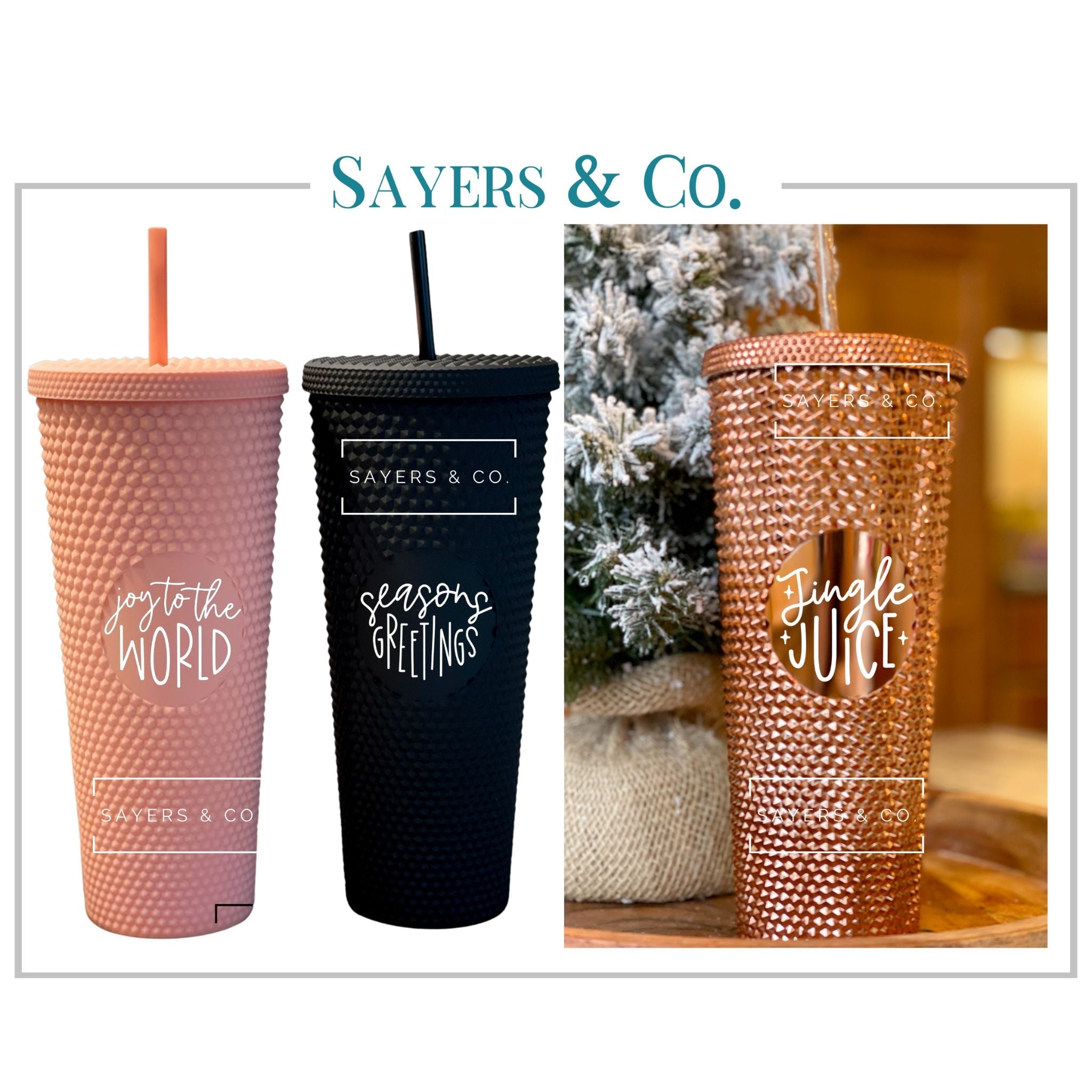 A stylish 24oz custom holiday tumbler with a studded design, featuring a screw top and a matching straw, perfect for hot and cold beverages.