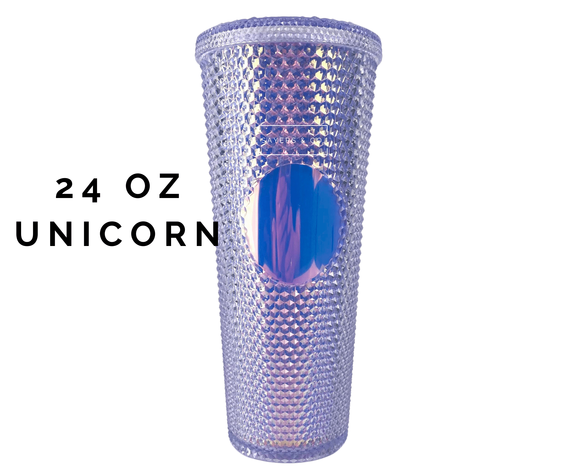 A stylish 24oz custom holiday tumbler with a studded design, featuring a screw top and a matching straw, perfect for hot and cold beverages.